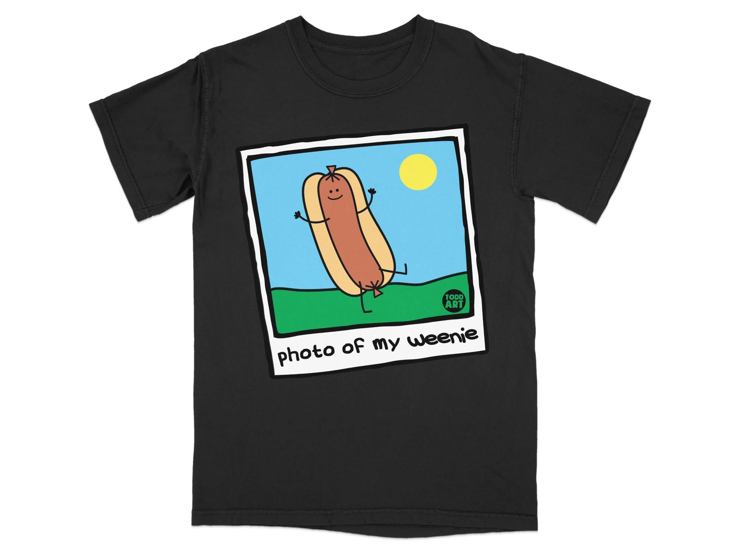 Black t-shirt with a cartoon hot dog and "photo of my weenie" text.
