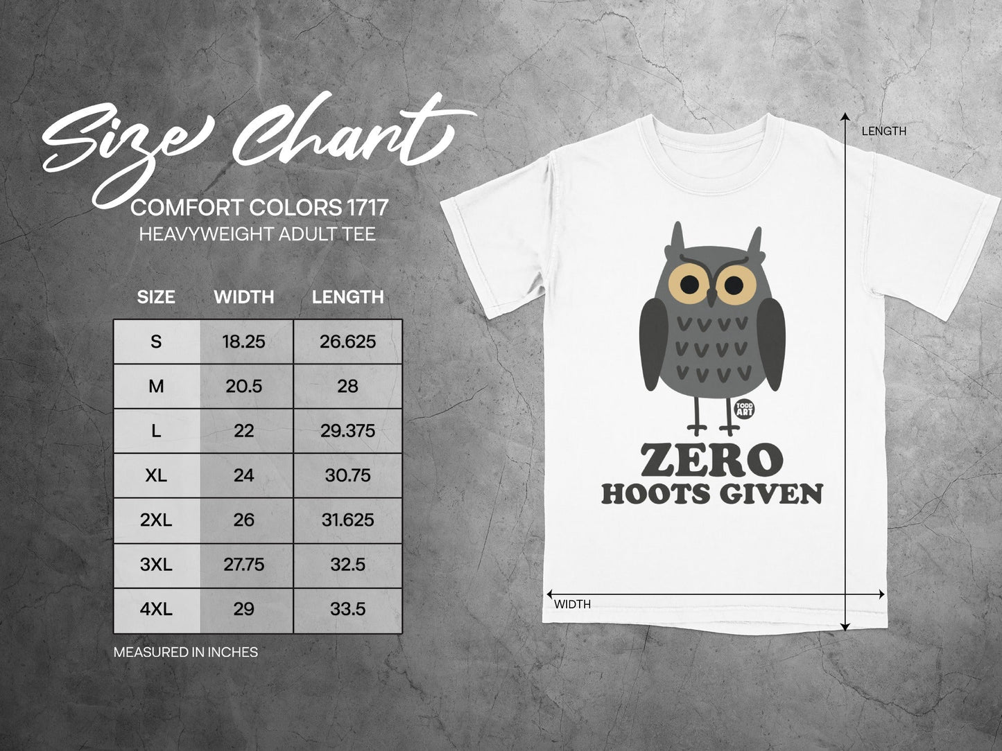 Comfort Colors 1717 heavyweight adult tee size chart with owl graphic.