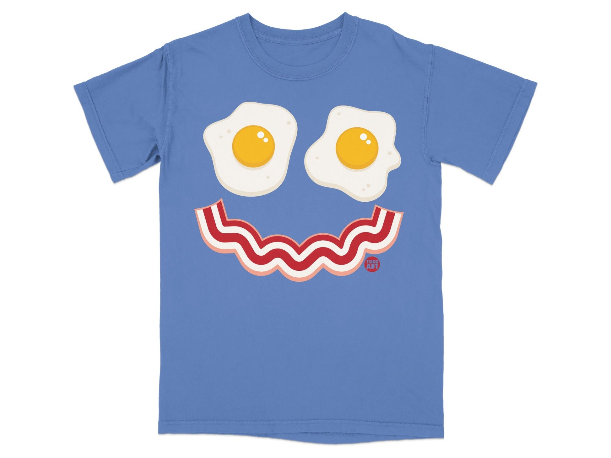 Blue T-Shirt with Smiling Egg and Bacon Graphic Design