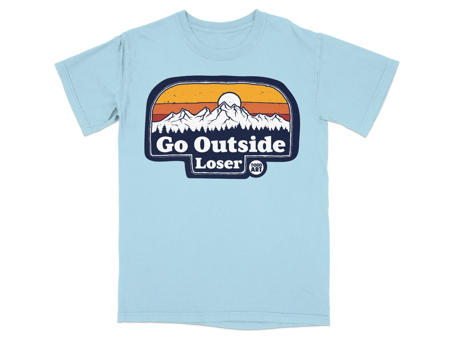 Light blue t-shirt with "Go Outside Loser" mountain sunset graphic.