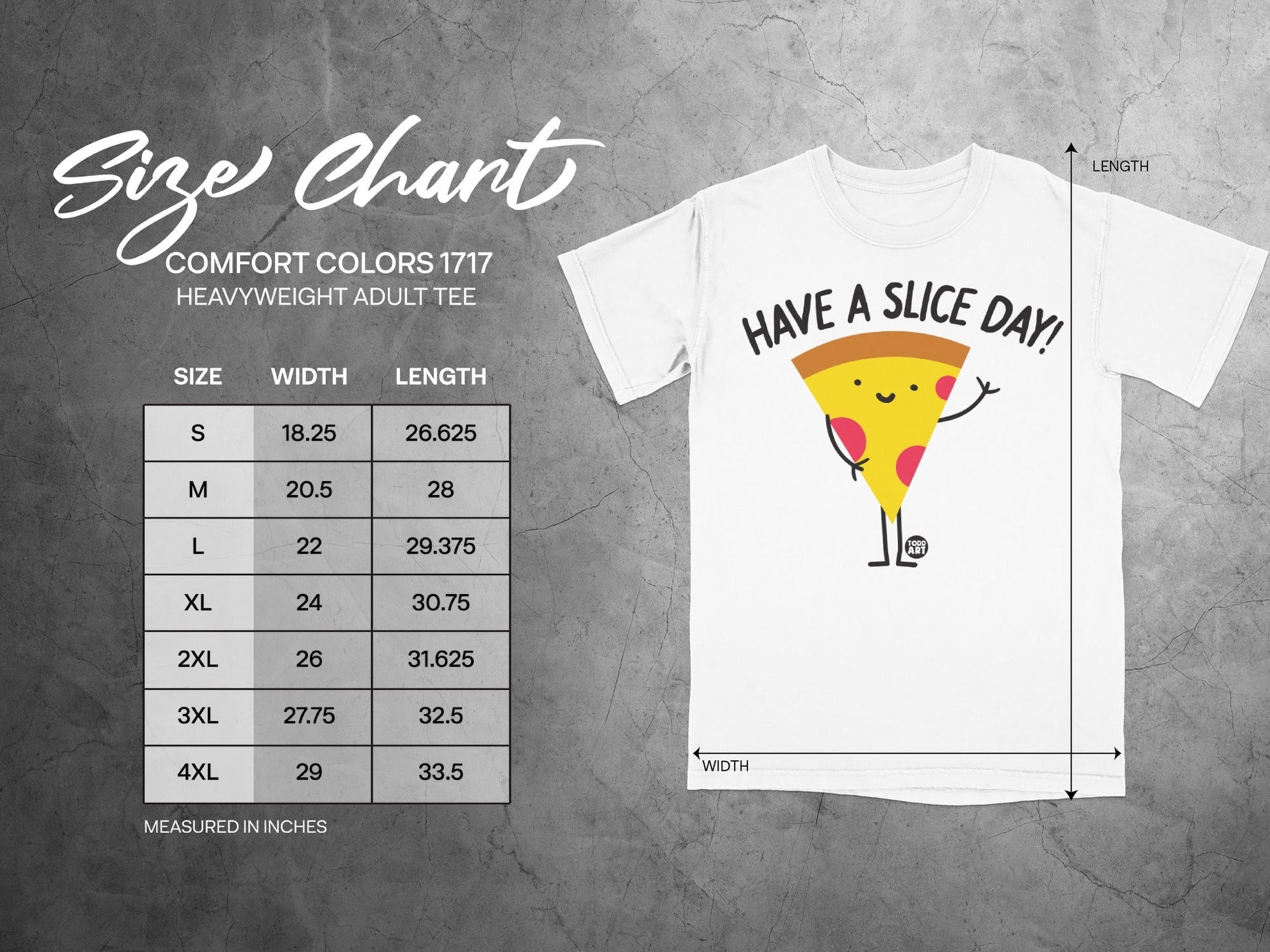 Size chart for Comfort Colors 1717 heavyweight adult tee with pizza graphic.