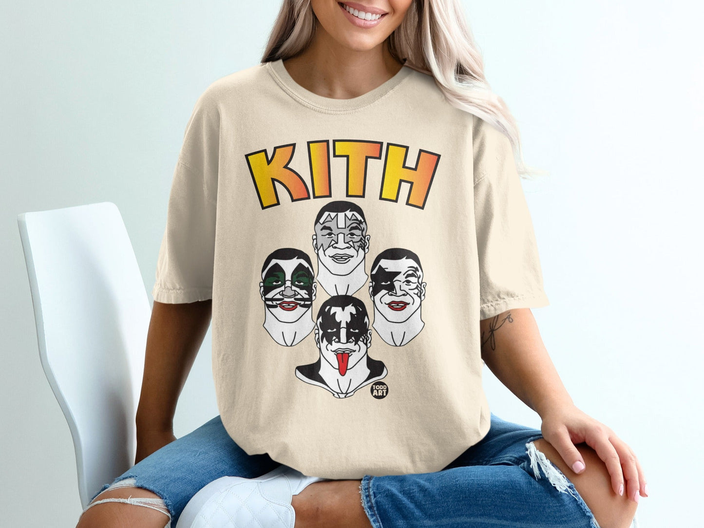 KITH t-shirt with cartoon faces of KISS band members.