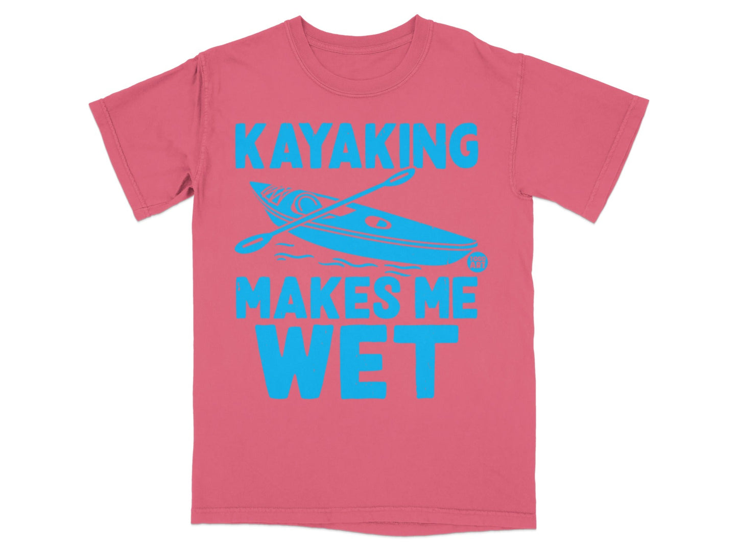 Pink t-shirt with a blue kayak and paddle graphic and text.