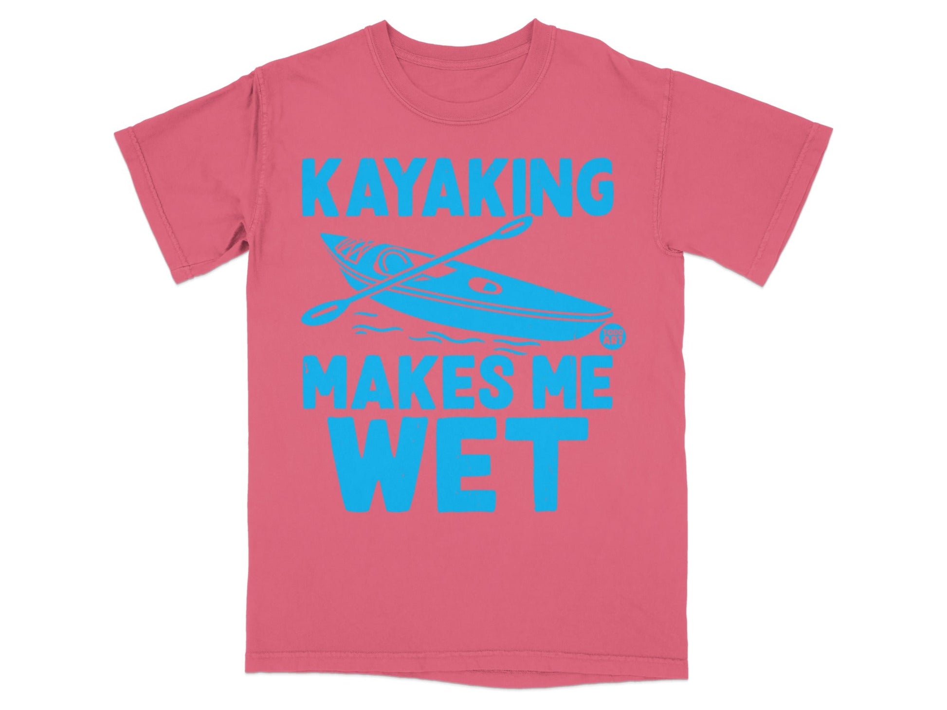 Pink t-shirt with a blue kayak and paddle graphic and text.