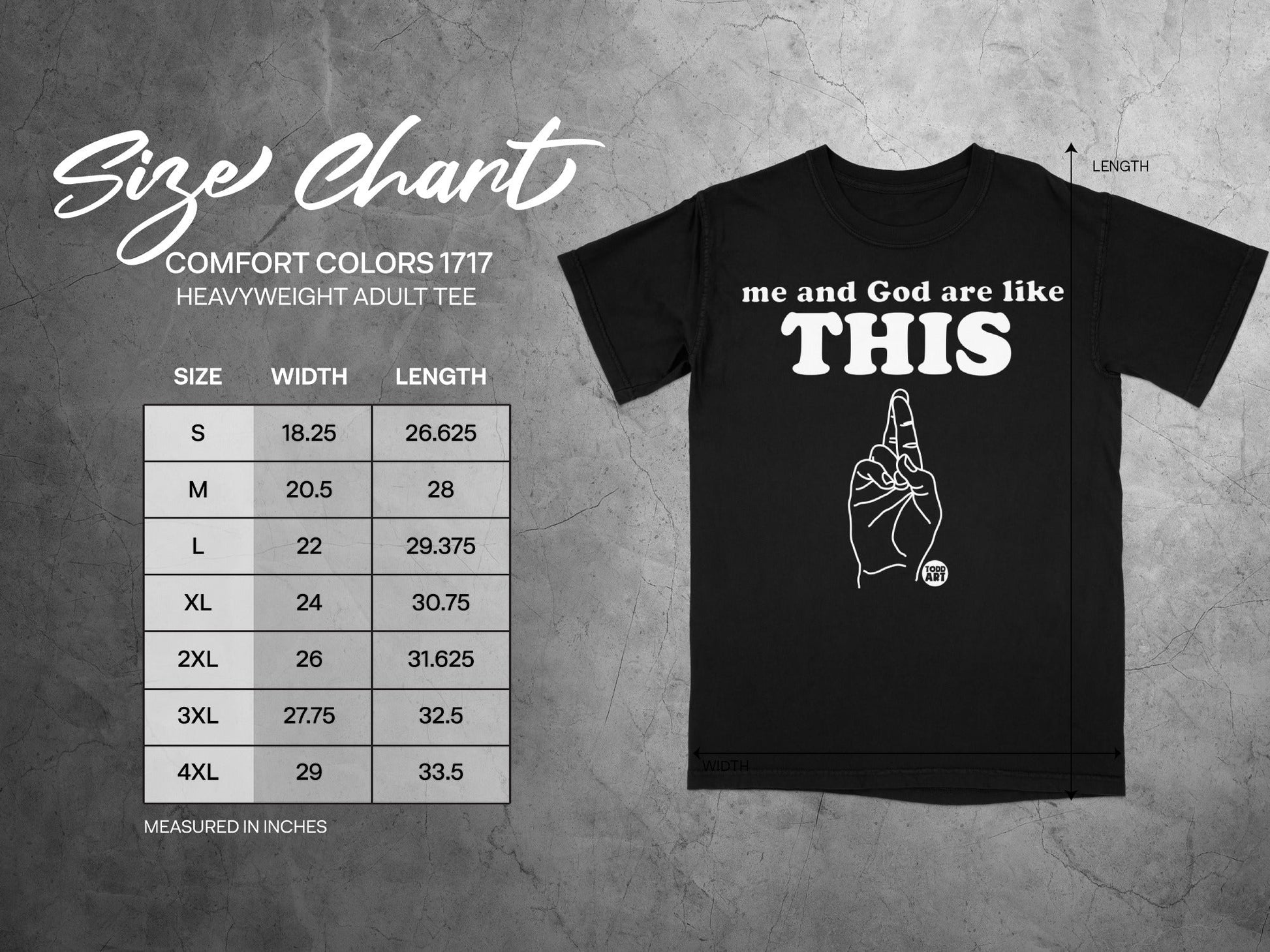 Size chart for Comfort Colors 1717 heavyweight adult tee with measurements.