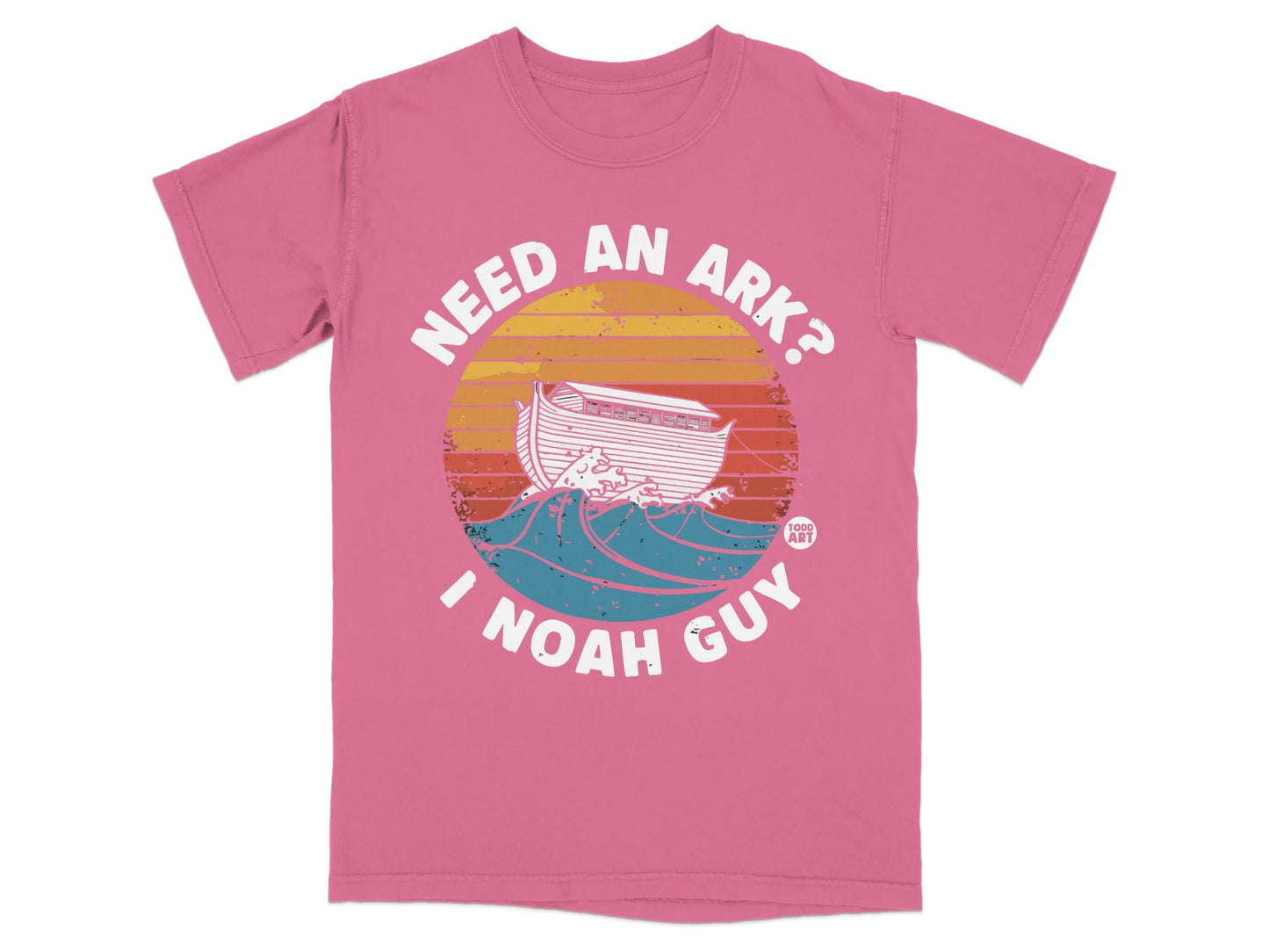Pink t-shirt with Noah's Ark on wavy ocean under a sunset.