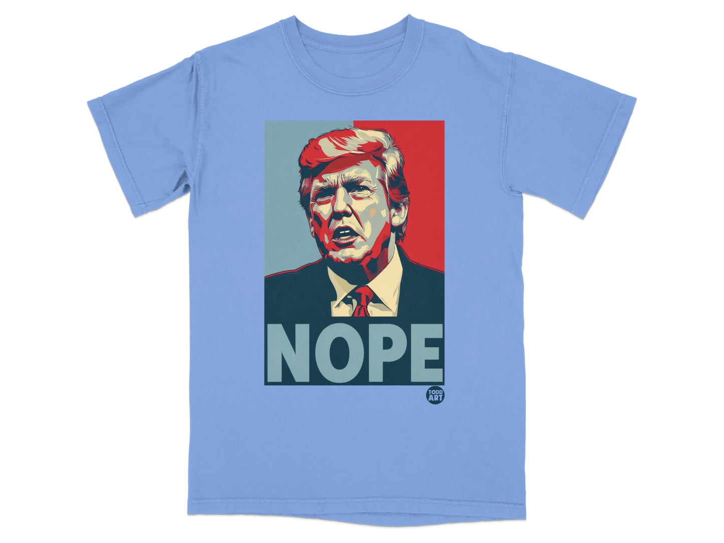 Donald Trump portrait with "NOPE" text on a light blue t-shirt.