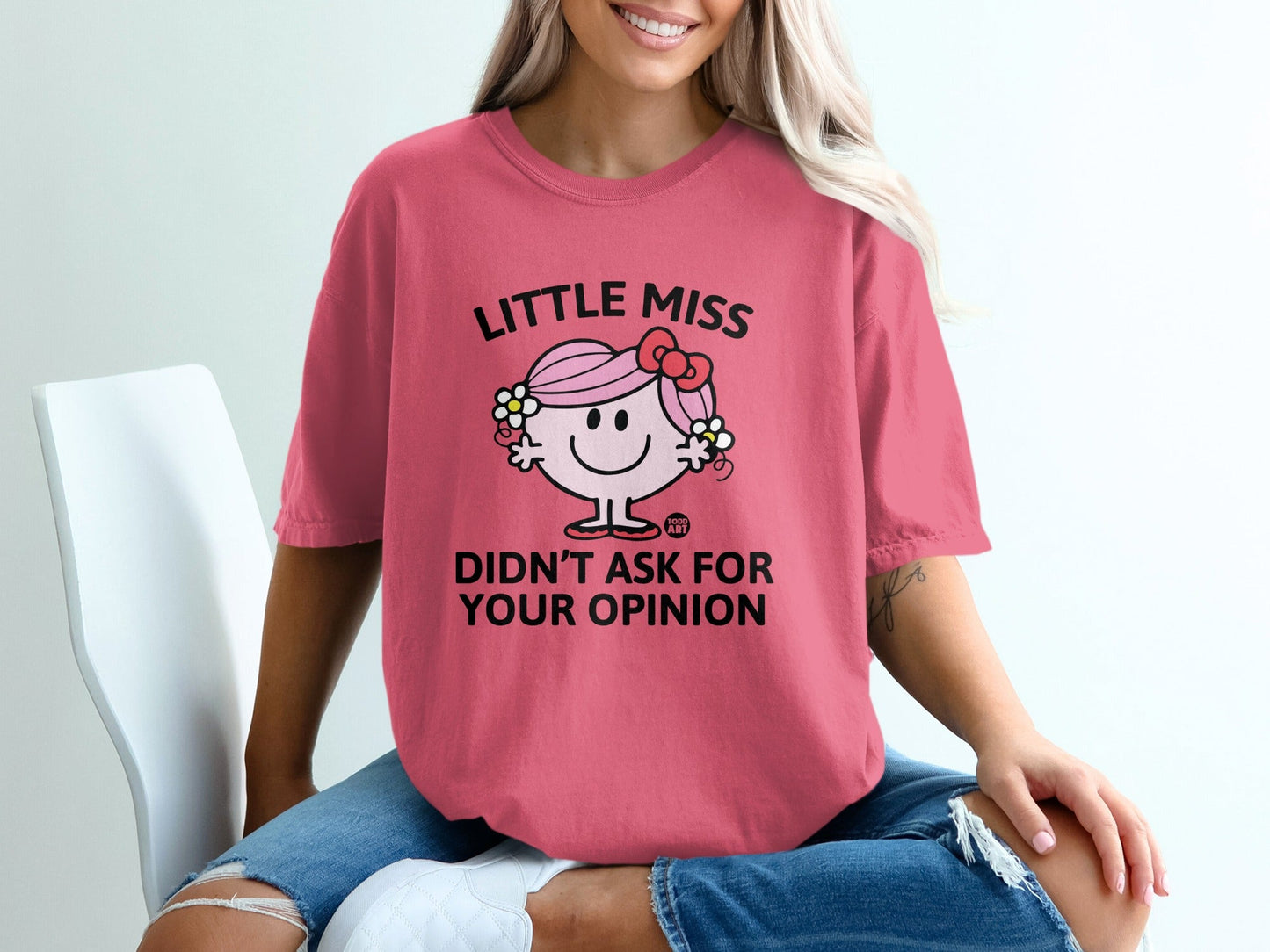 Pink t-shirt with "Little Miss Didn't Ask For Your Opinion" text and illustration.