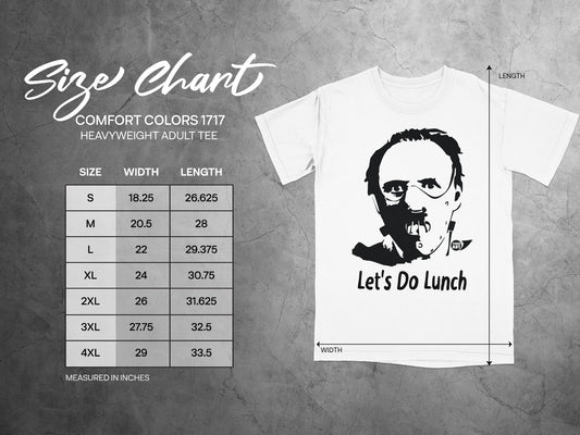 Comfort Colors 1717 heavyweight adult tee size chart with "Let's Do Lunch" graphic.
