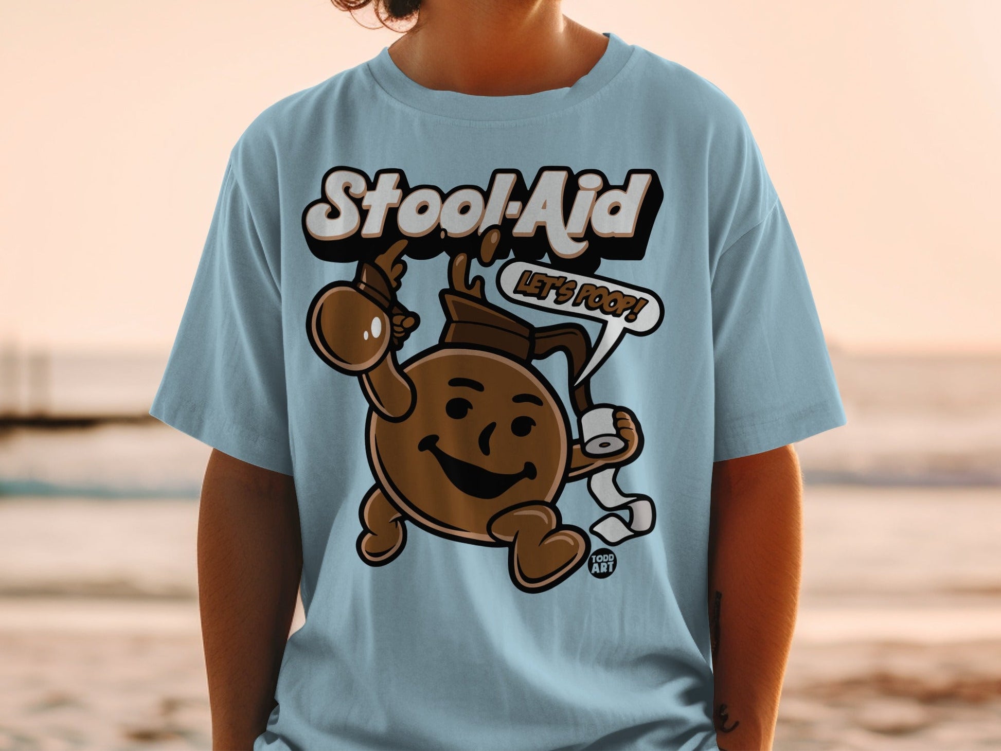 Light blue t-shirt with "Stool-Aid" and "Let's Poop!" cartoon character.