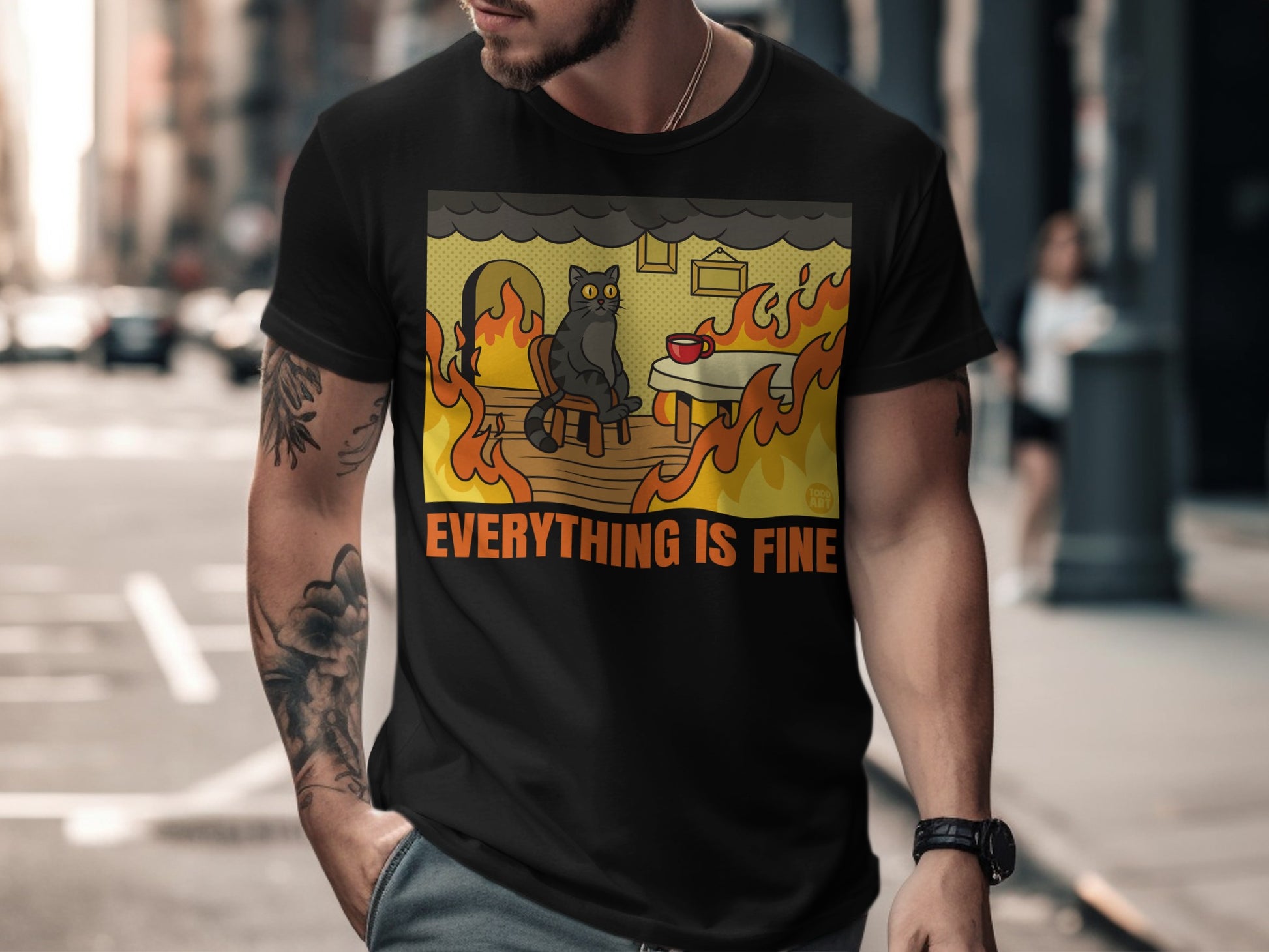 EVERYTHING IS FINE Cat in Flames Graphic T-shirt
