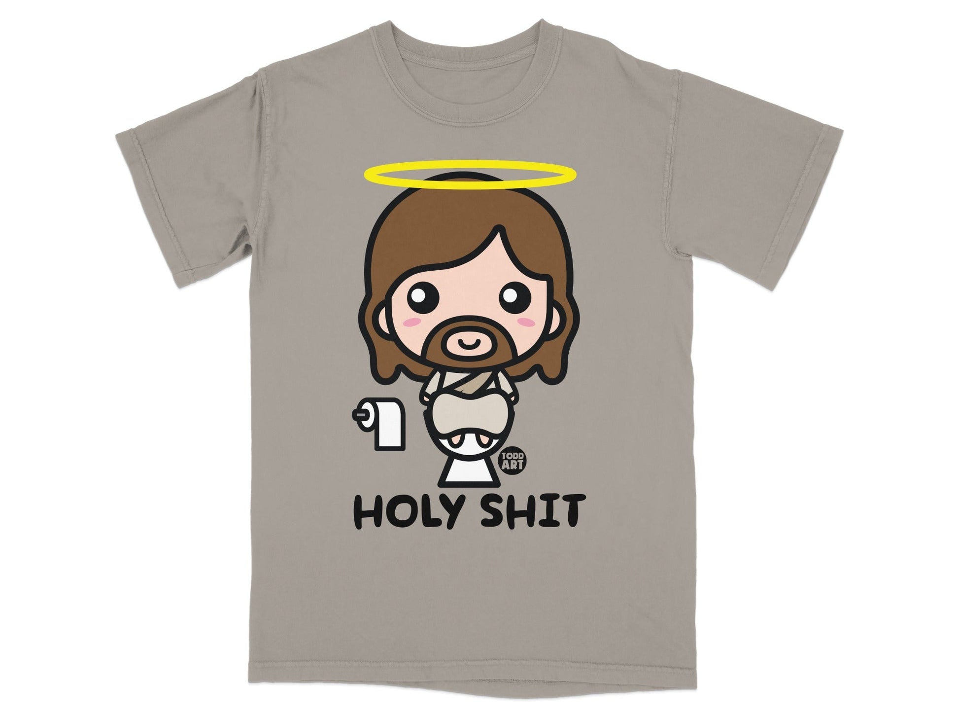 Chibi Jesus with halo and toilet paper, "HOLY SHIT" text.
