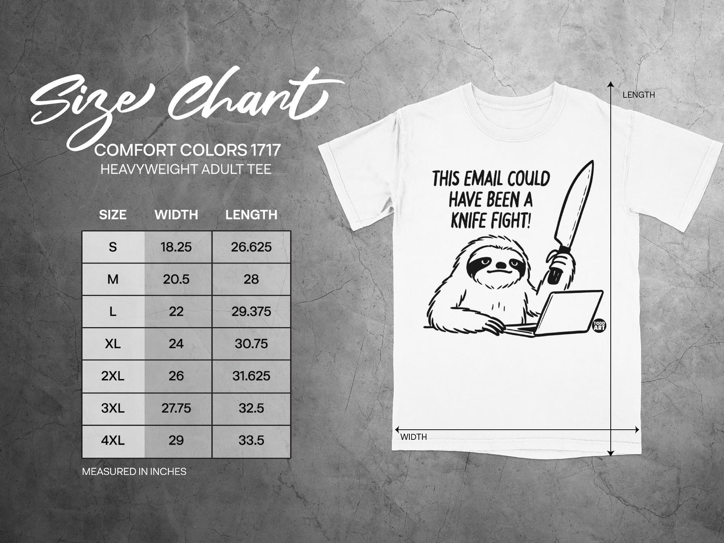 Size chart for Comfort Colors 1717 heavyweight adult tee with graphic of sloth holding knife.