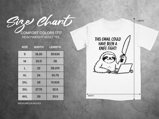 Size chart for Comfort Colors 1717 heavyweight adult tee with graphic of sloth holding knife.