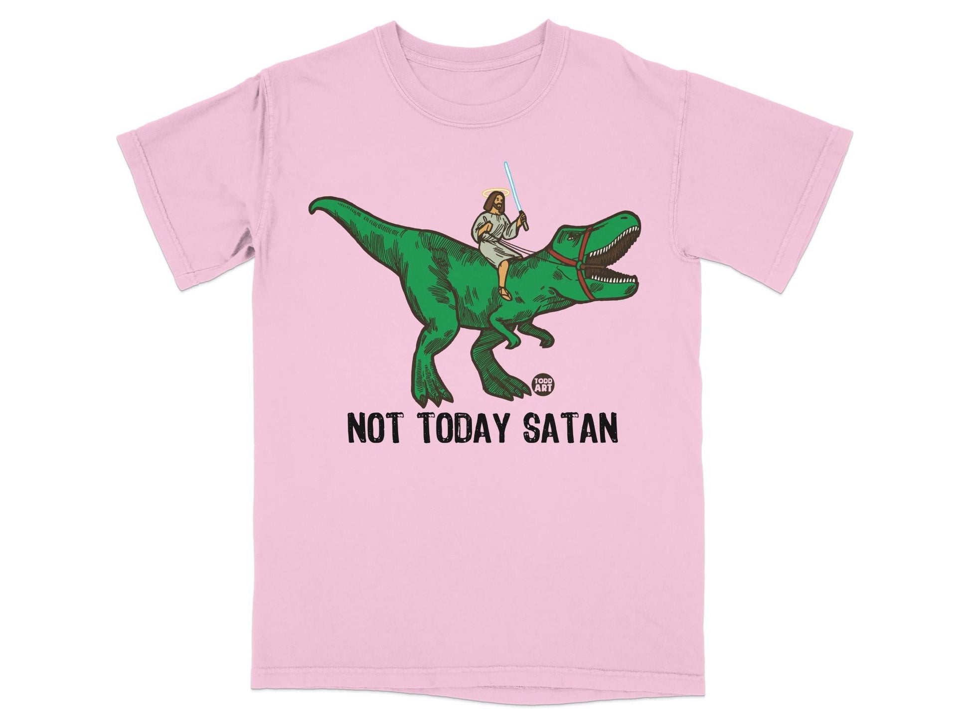 Jesus rides a green T-Rex holding a lightsaber, text reads "NOT TODAY SATAN".
