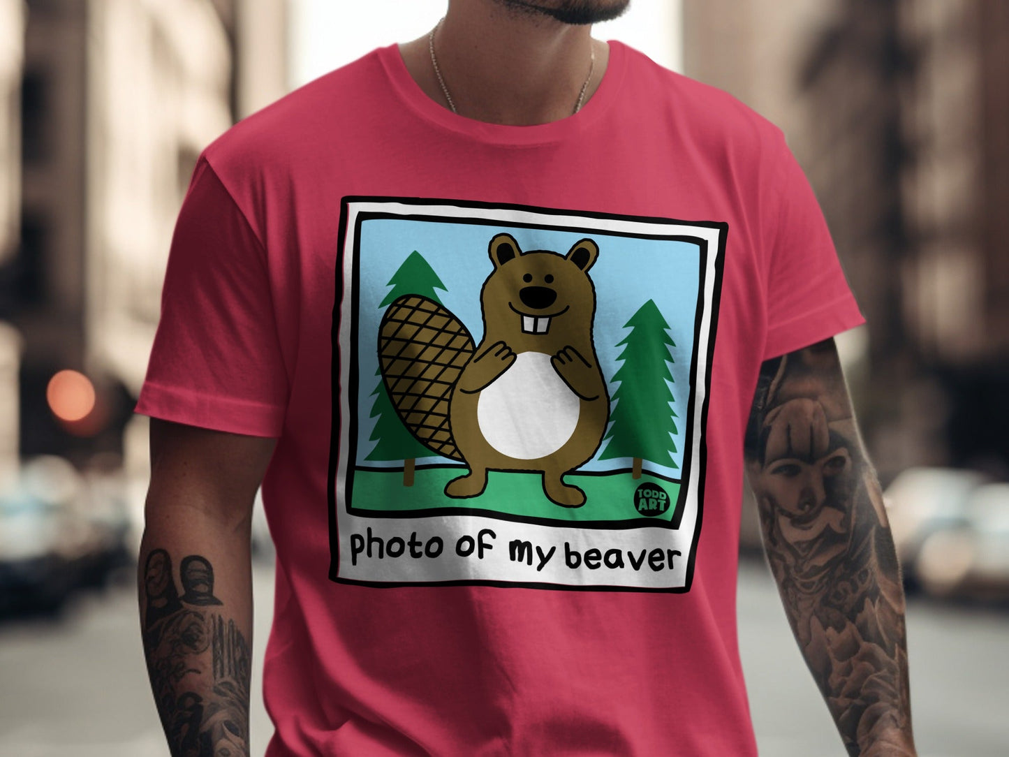 T-shirt with cartoon beaver illustration and text "photo of my beaver".