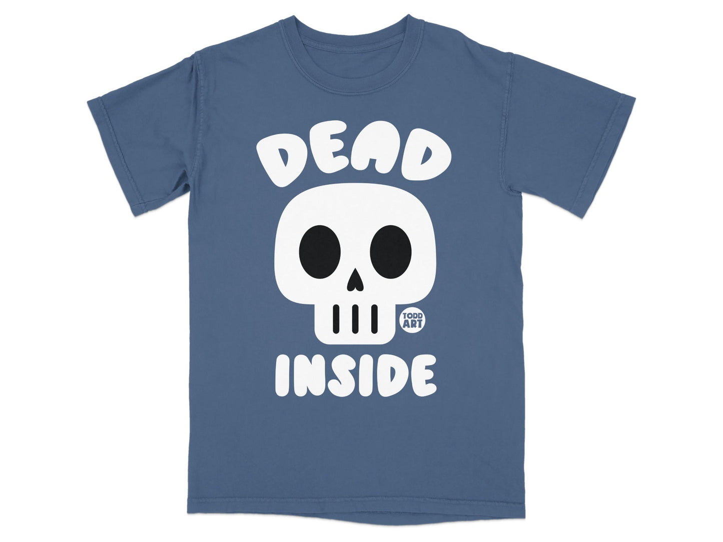 Blue t-shirt with a white skull and "DEAD INSIDE" text.