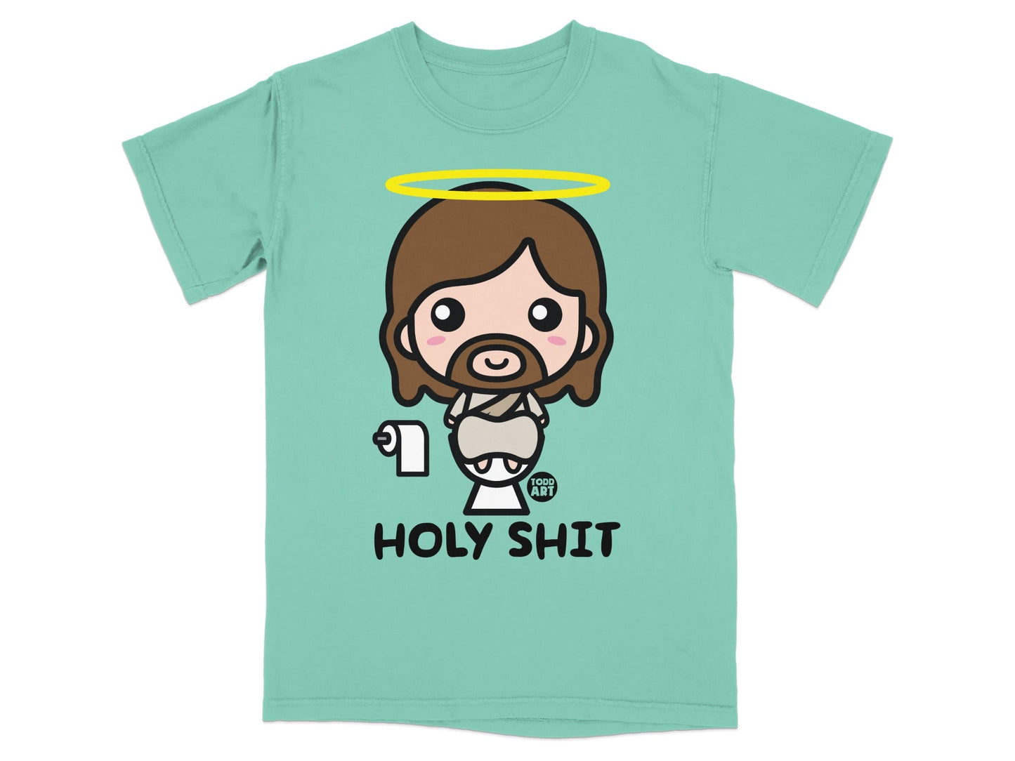 Teal t-shirt with cartoon Jesus holding toilet paper, text reads "HOLY SHIT".
