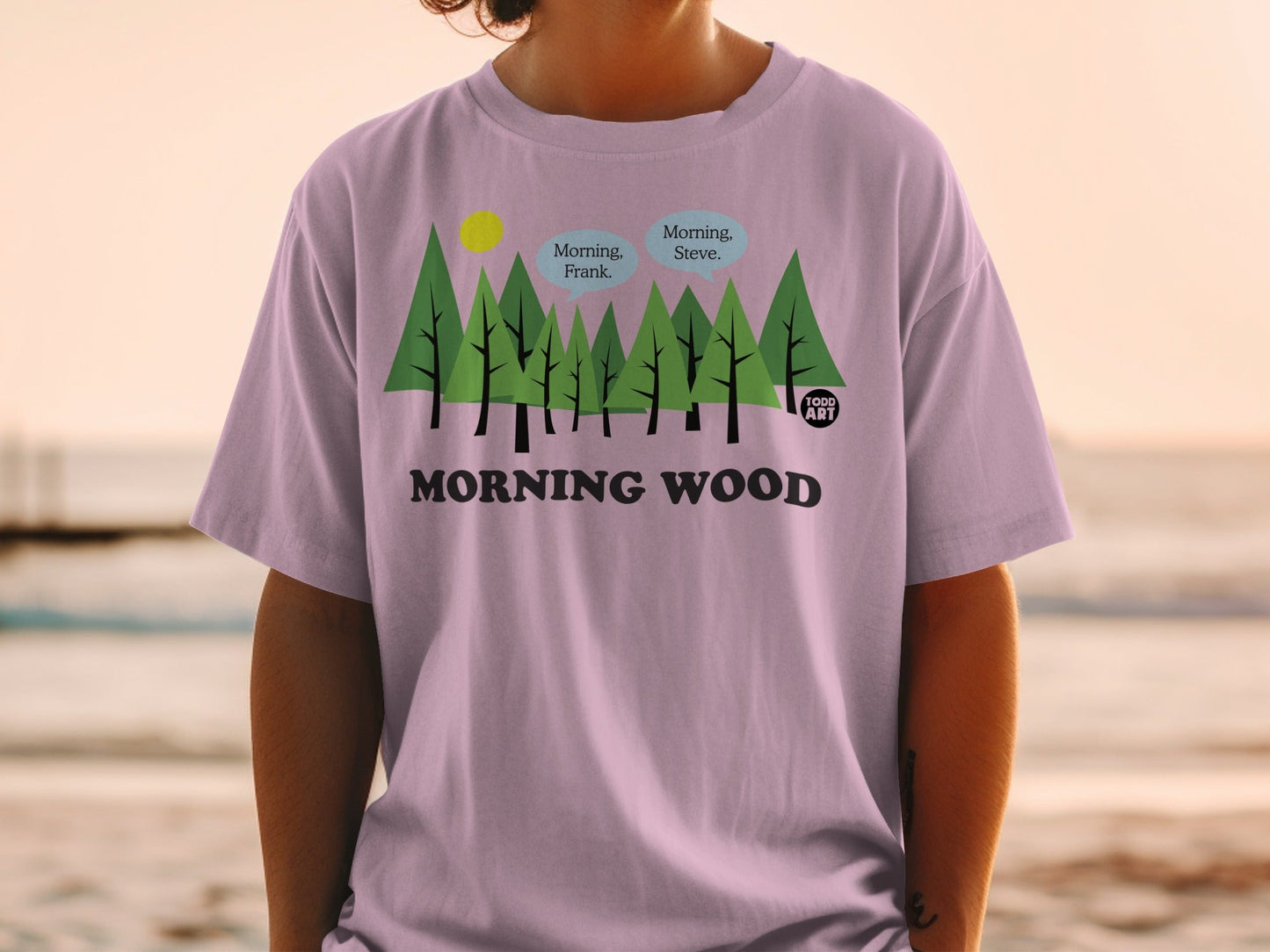 T-shirt with "Morning Wood" text, stylized trees, and speech bubbles.