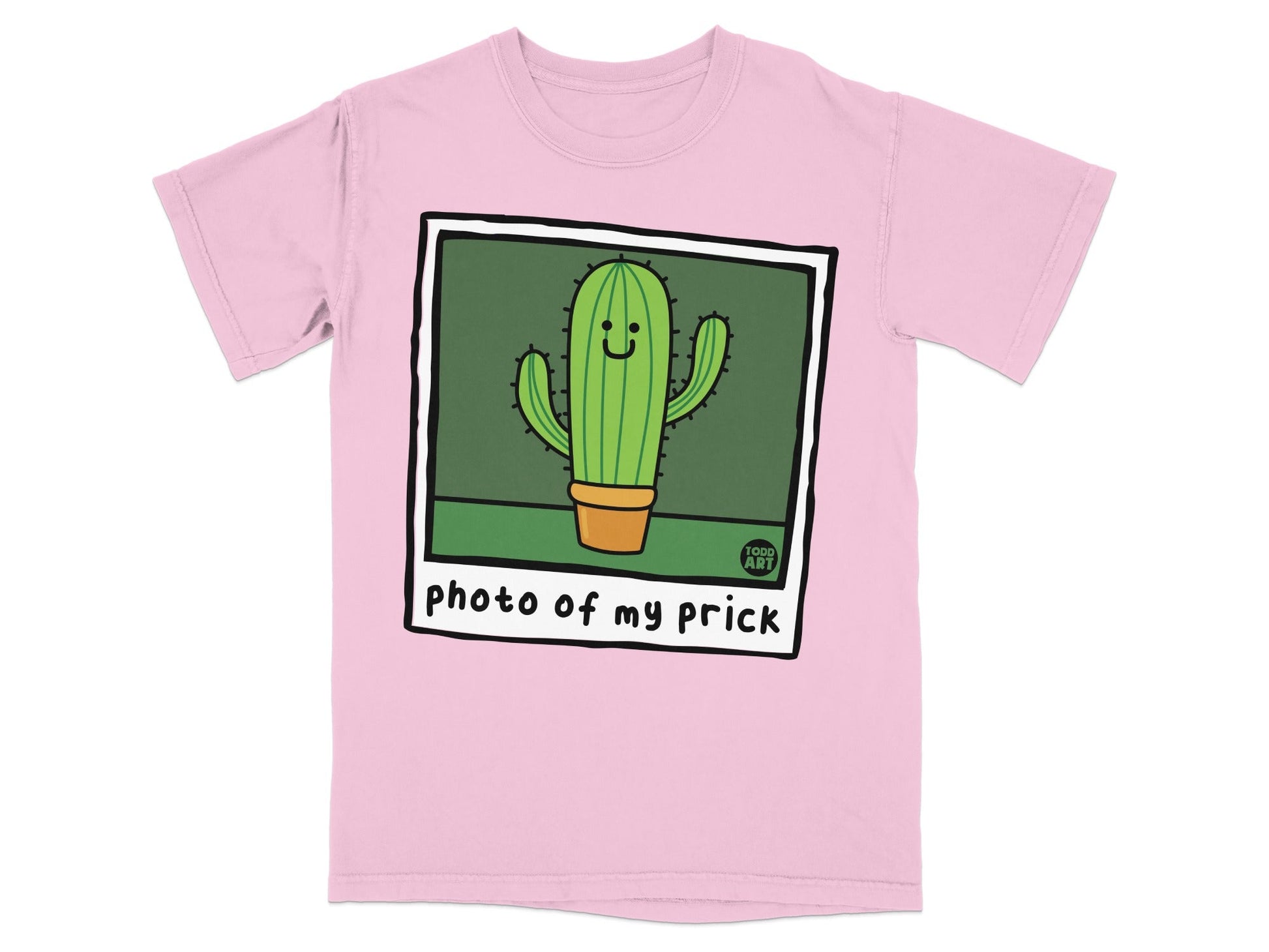 Pink t-shirt with a cartoon cactus saying "photo of my prick".