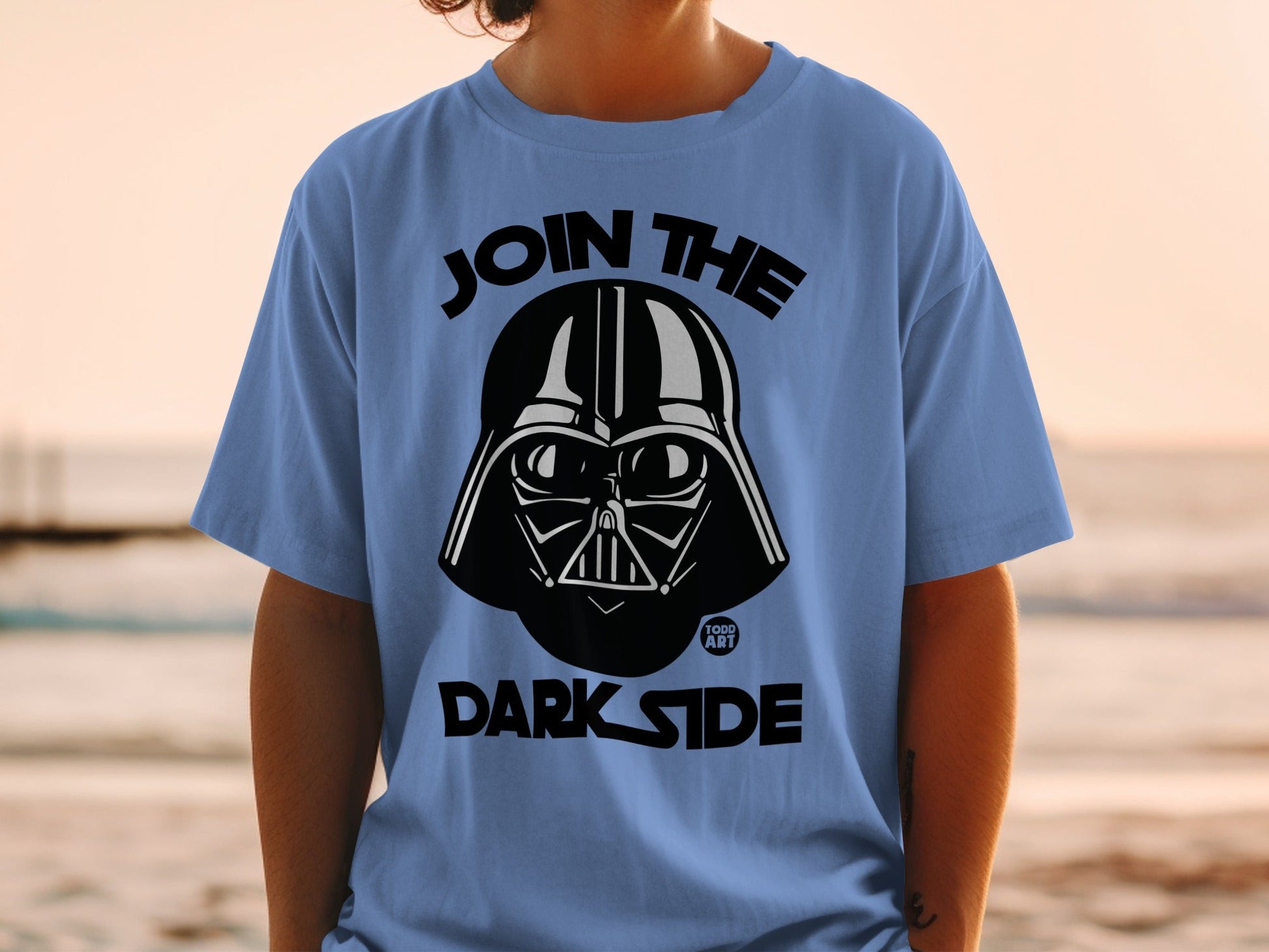 Blue t-shirt with Darth Vader and "Join the Dark Side" text.