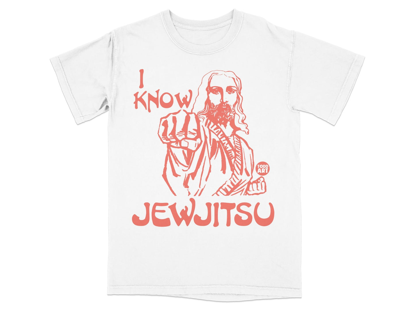 White t-shirt with red graphic of Jesus pointing and "I Know JewJitsu" text.