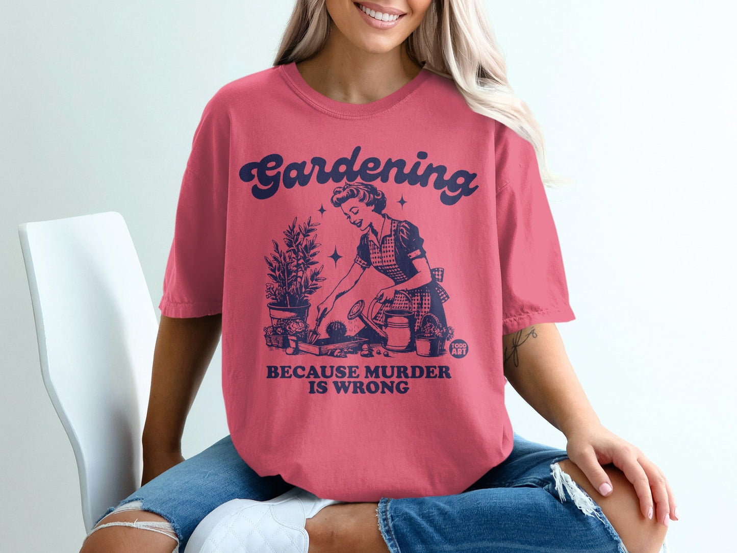 T-shirt graphic featuring "Gardening is Murder is Wrong" with a retro illustration.