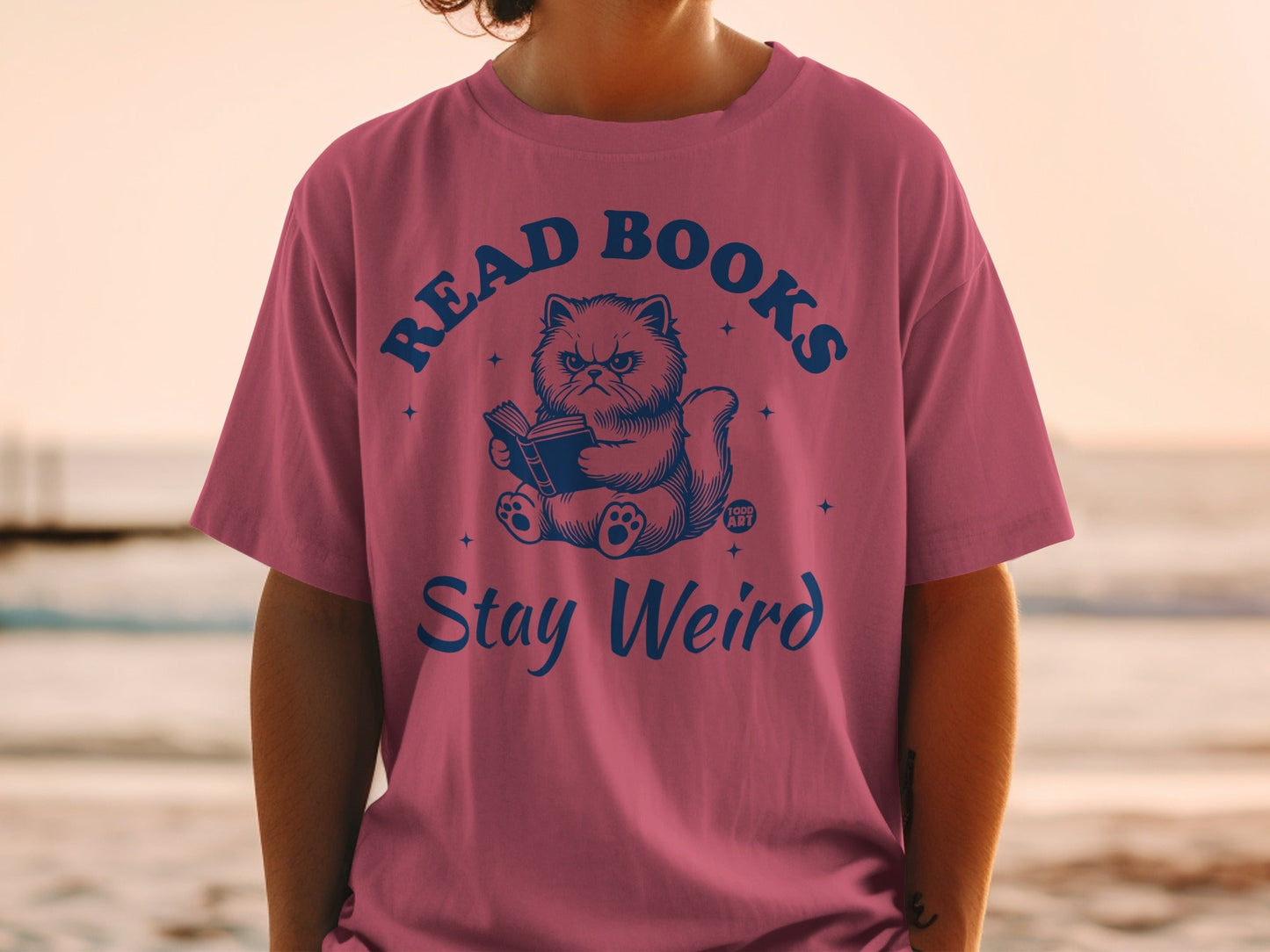 Read Books Stay Weird Cat Graphic Tee Shirt