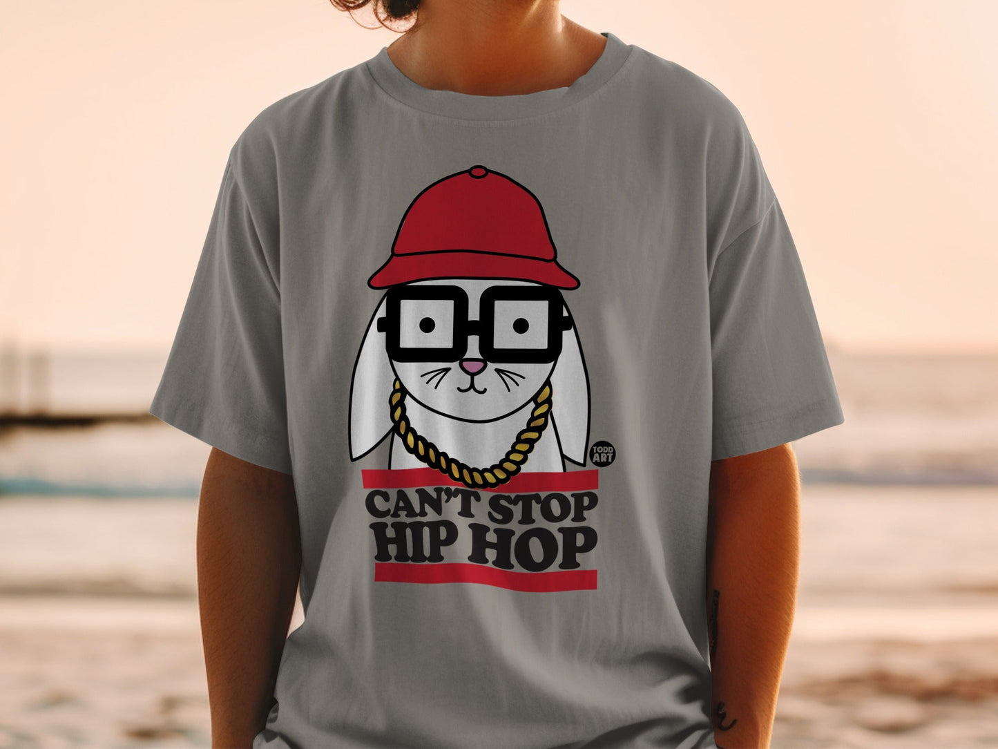 Gray t-shirt with a cartoon rabbit wearing glasses, red hat, and gold chain, with "CAN'T STOP HIP HOP" text.