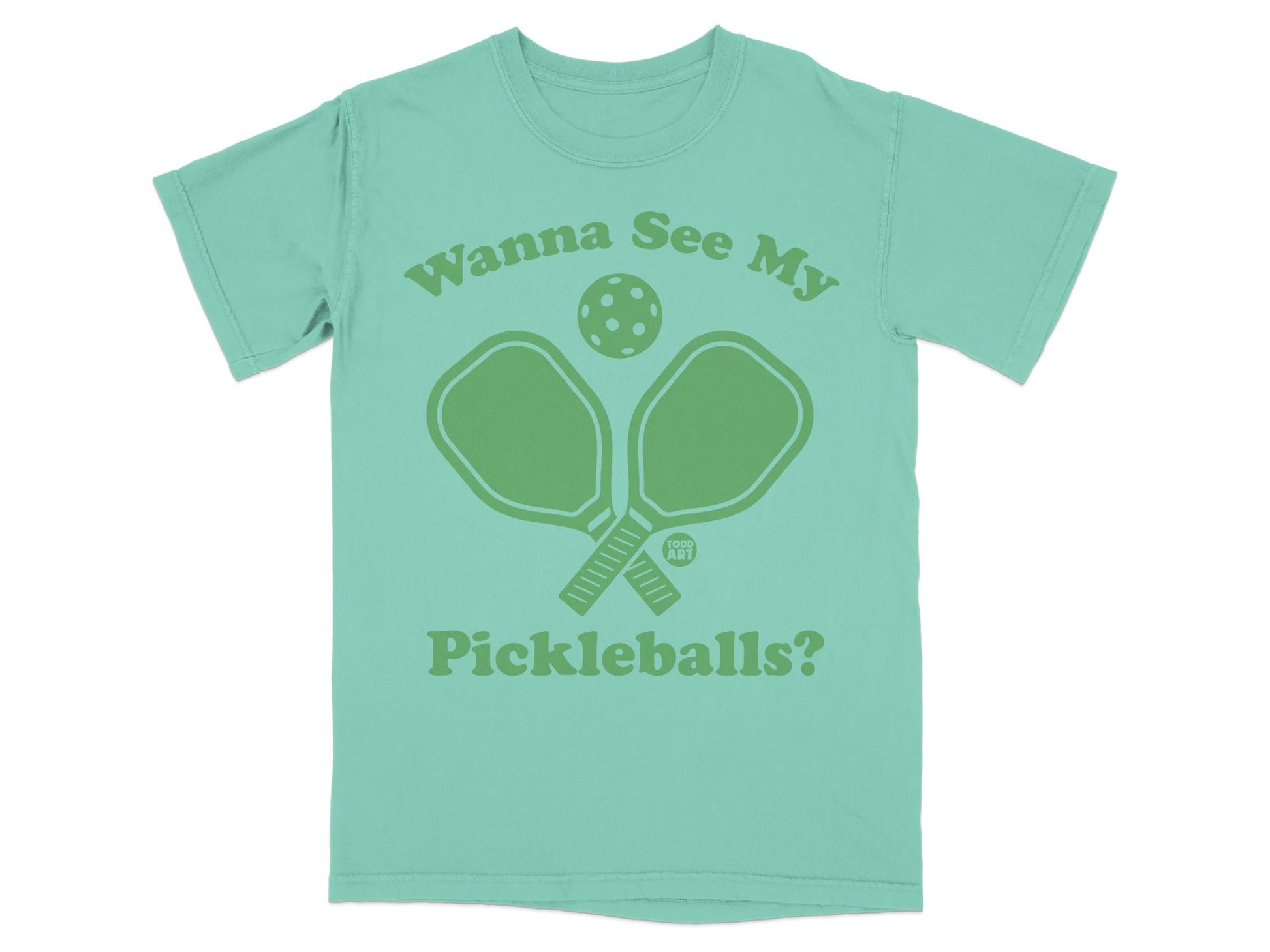 Teal t-shirt with green pickleball paddles and ball graphic.