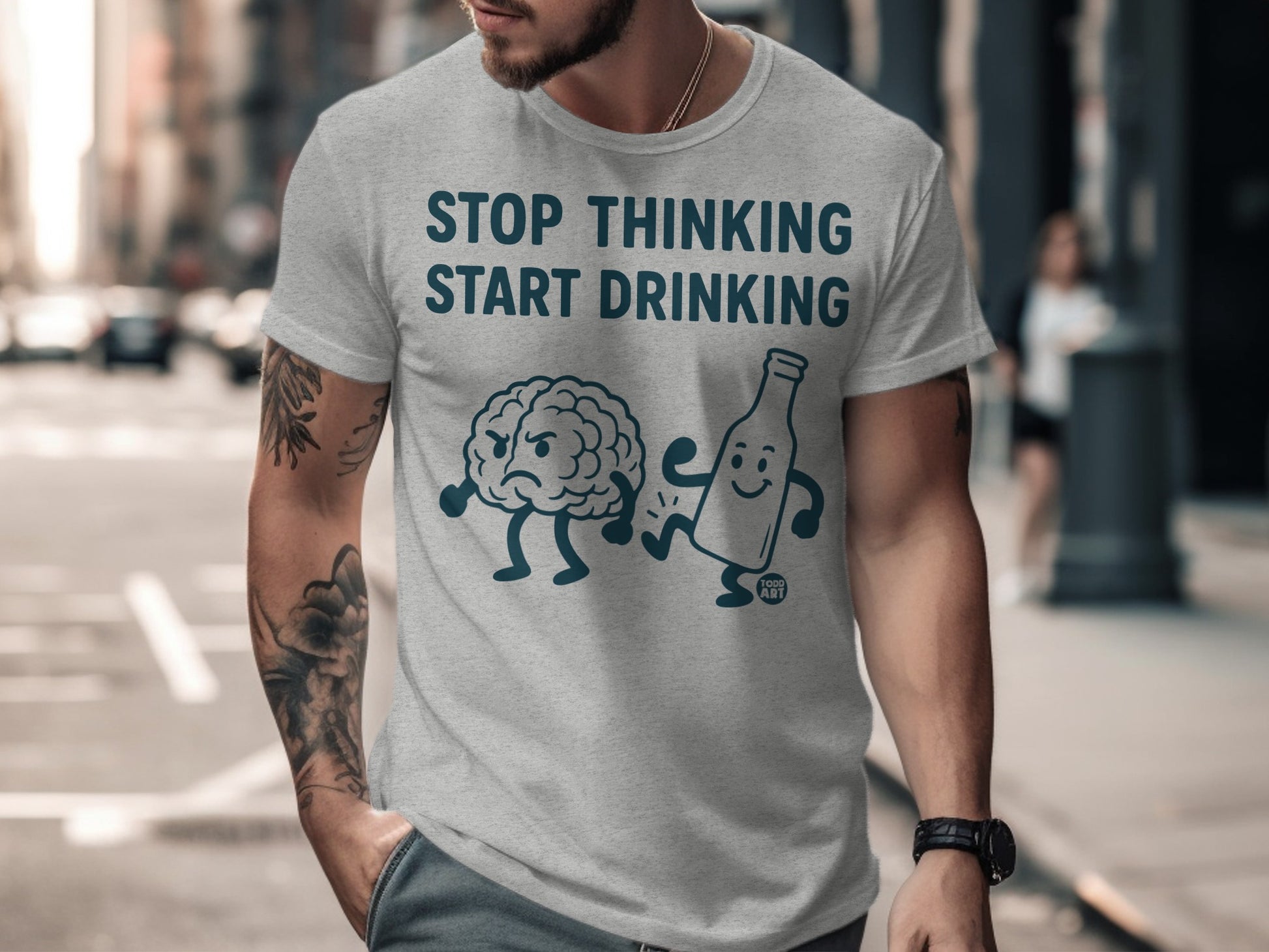 Stop Thinking Start Drinking graphic t-shirt