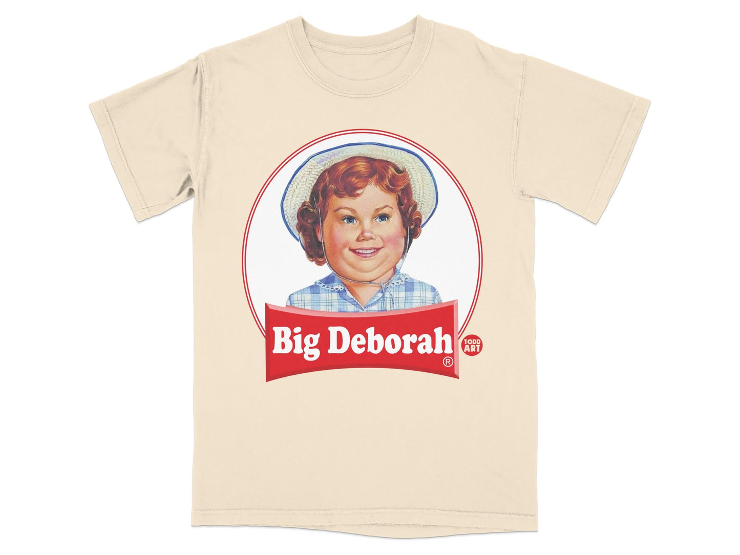 Beige t-shirt with a round graphic featuring a smiling girl in a hat, text "Big Deborah" and "1000 ART".
