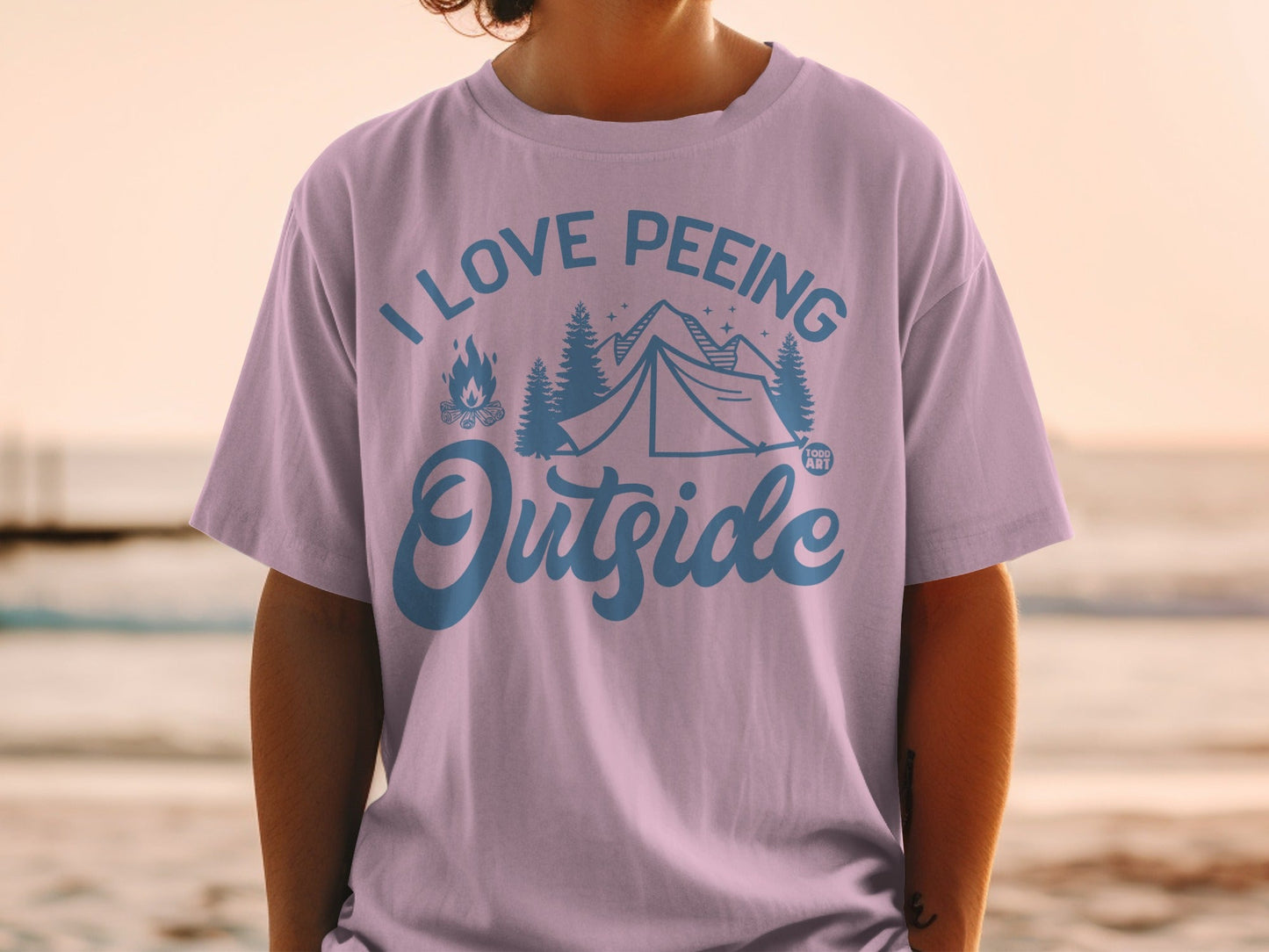 I love peeing outside graphic tee with tent and campfire.