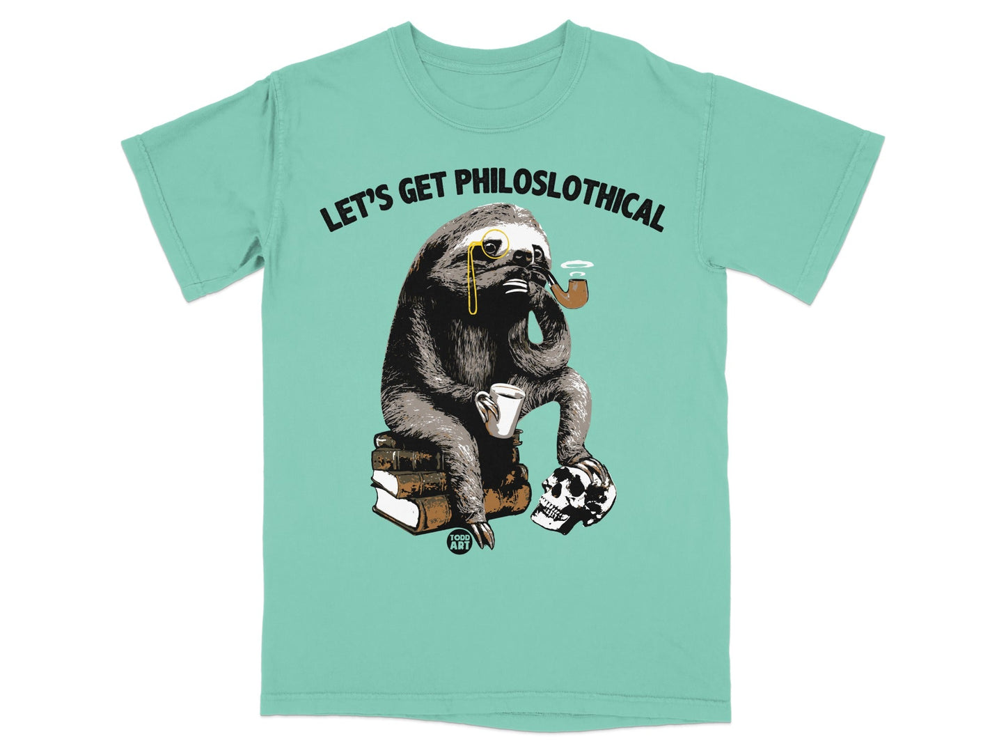 Sloth wearing monocle and smoking pipe, sitting on books next to skull.