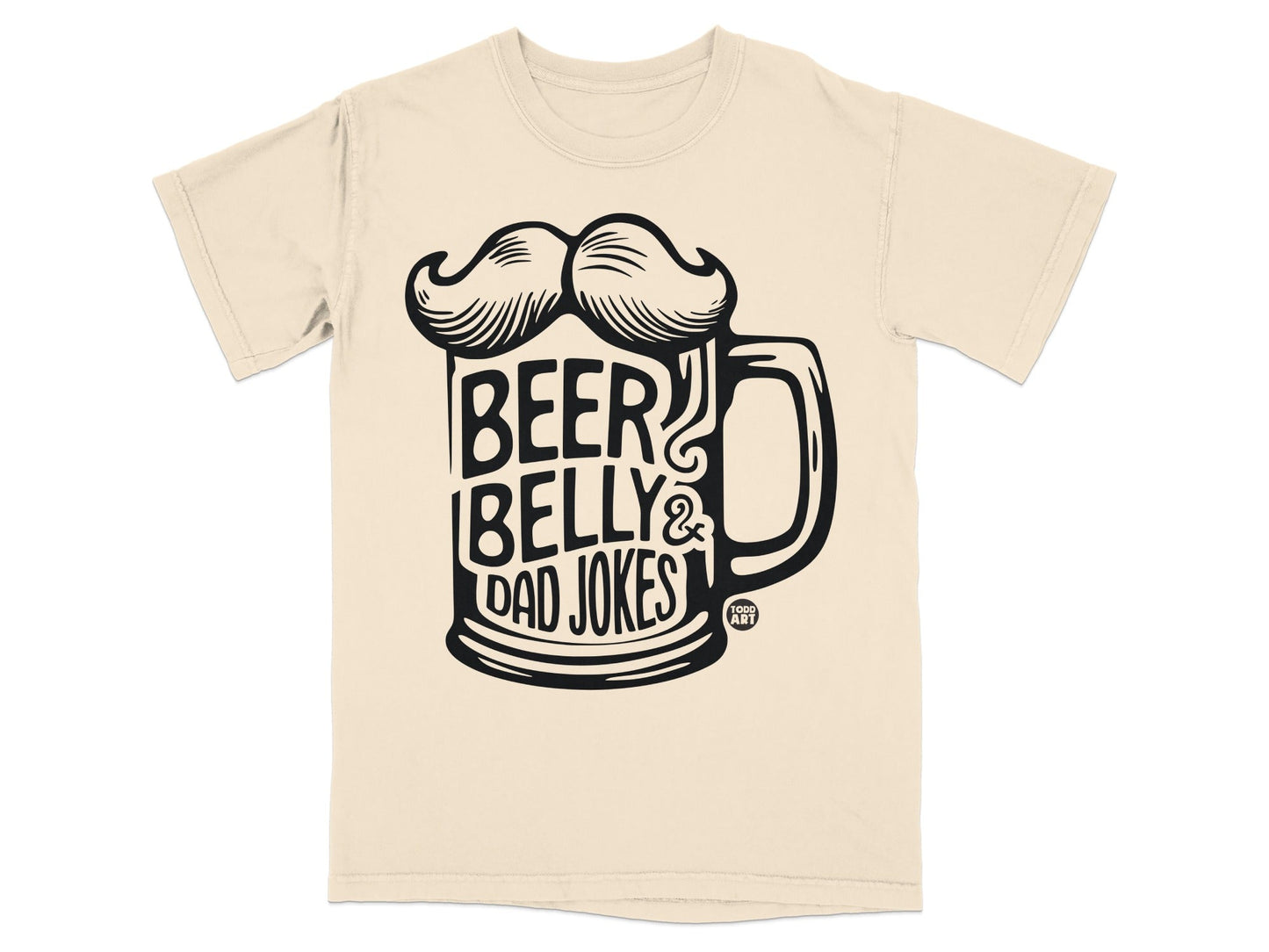 Cream t-shirt with "Beer Belly & Dad Jokes" text in a beer mug design.
