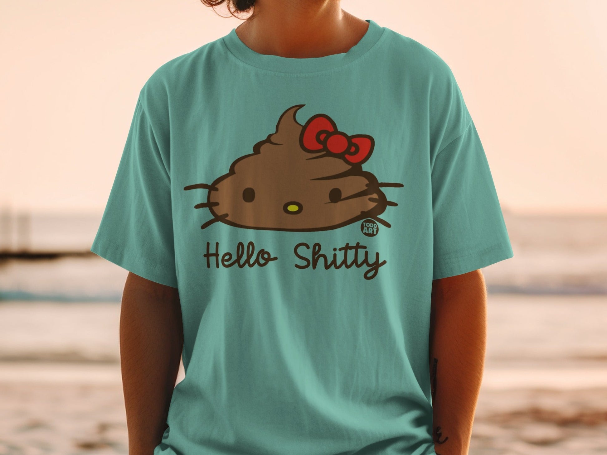 T-shirt with Hello Kitty-style poop character and "Hello Shitty" text.