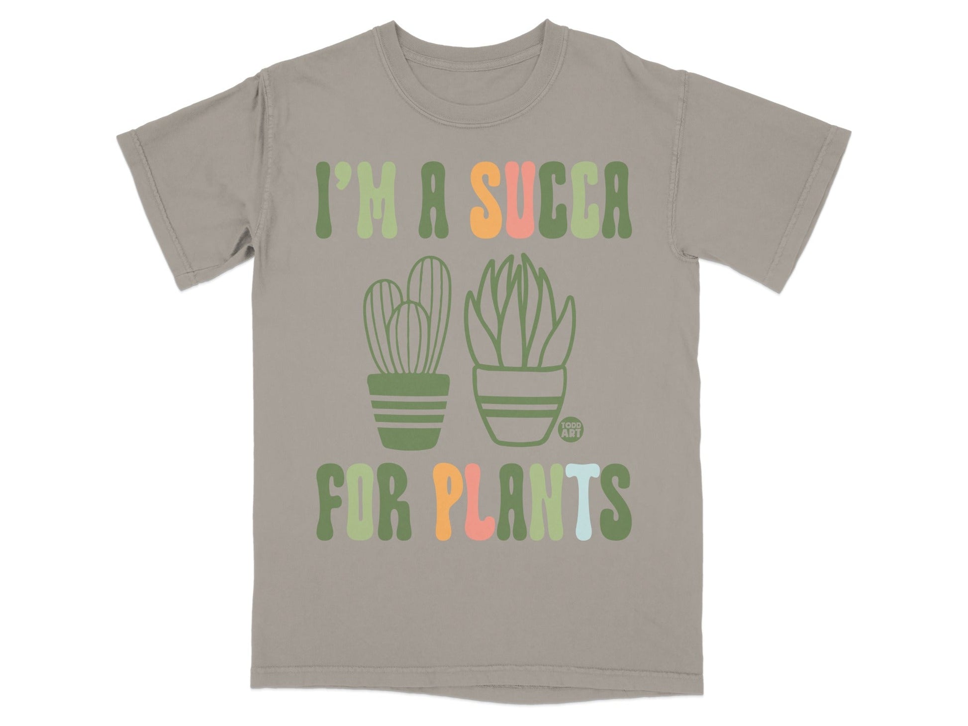 T-shirt with "I'M A SUCCA FOR PLANTS" and succulent graphics.