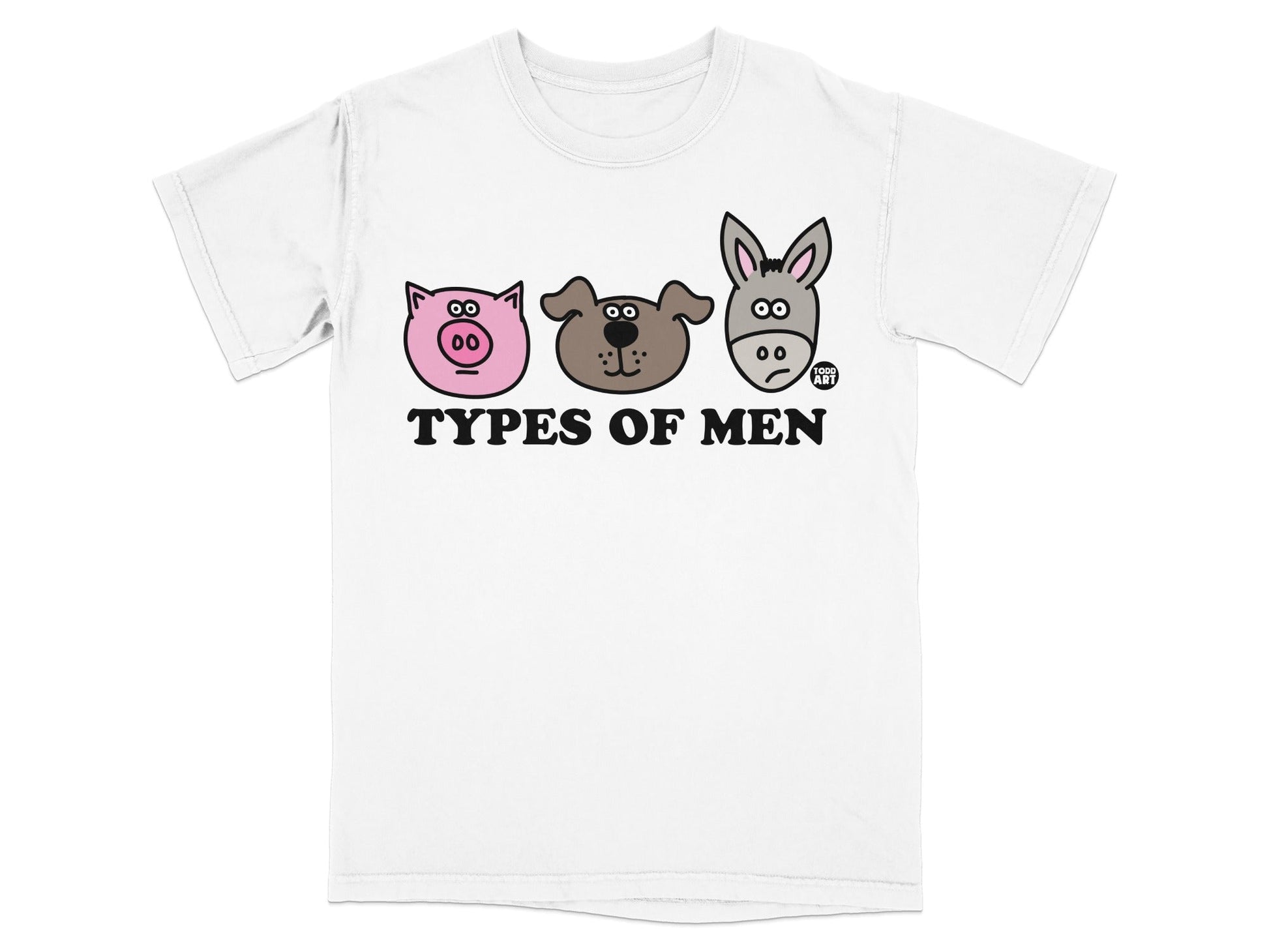 T-shirt with cartoon pig, dog, and donkey faces and "TYPES OF MEN" text.