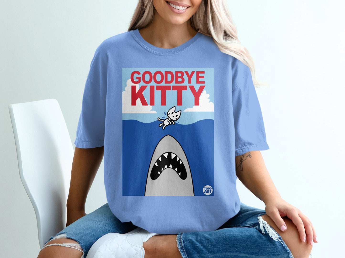 Blue Shirt with Goodbye Kitty Shark Design Graphic