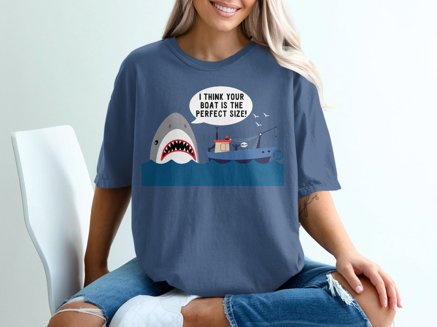 Shark saying "I think your boat is the perfect size!" with a fishing boat.