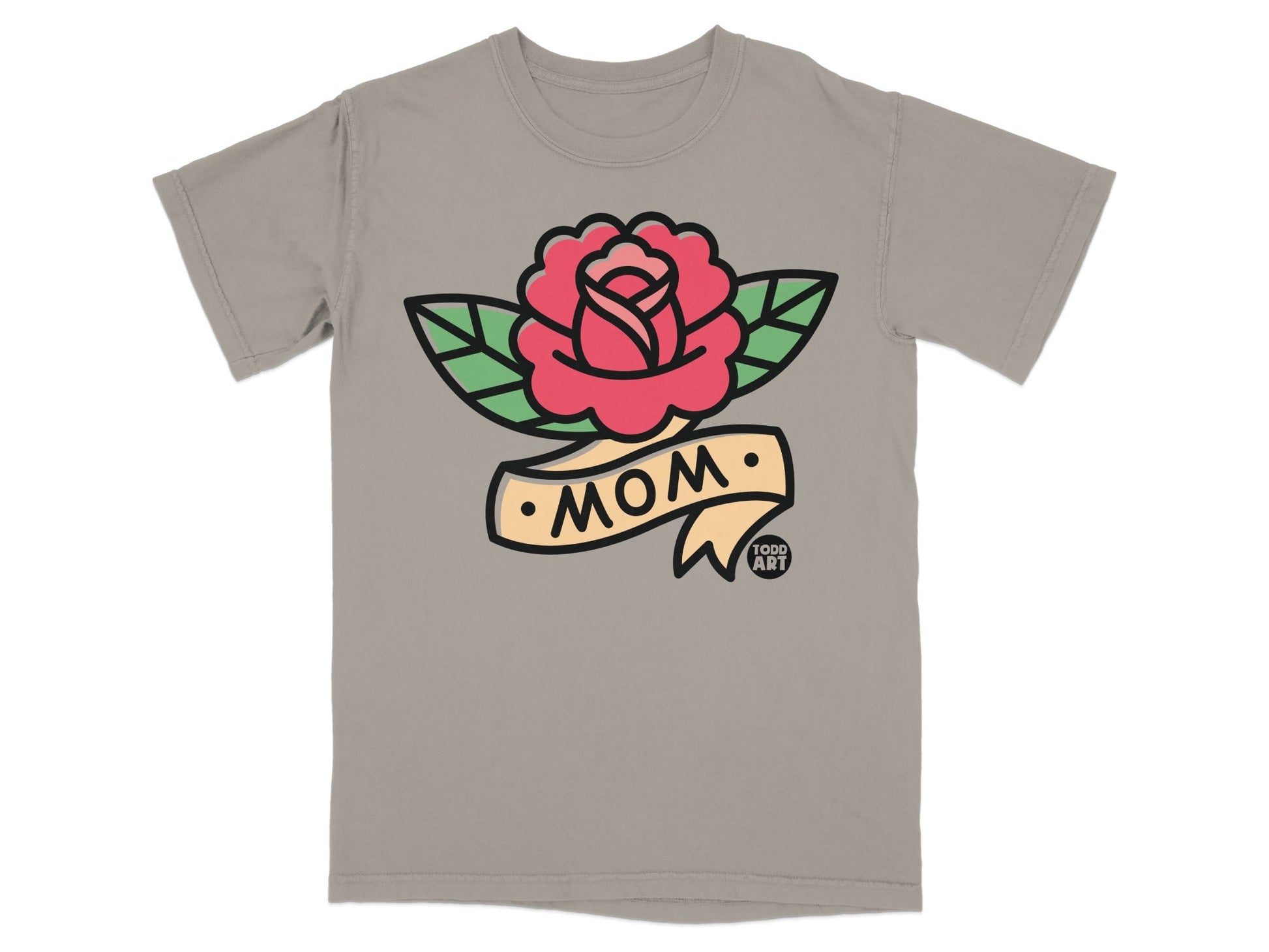T-shirt with a red rose on a banner reading "MOM" and "TODD ART".