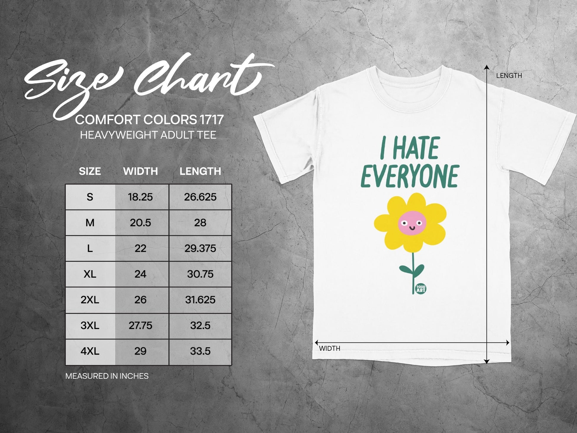 Size chart for Comfort Colors 1717 heavyweight adult tee with measurements.