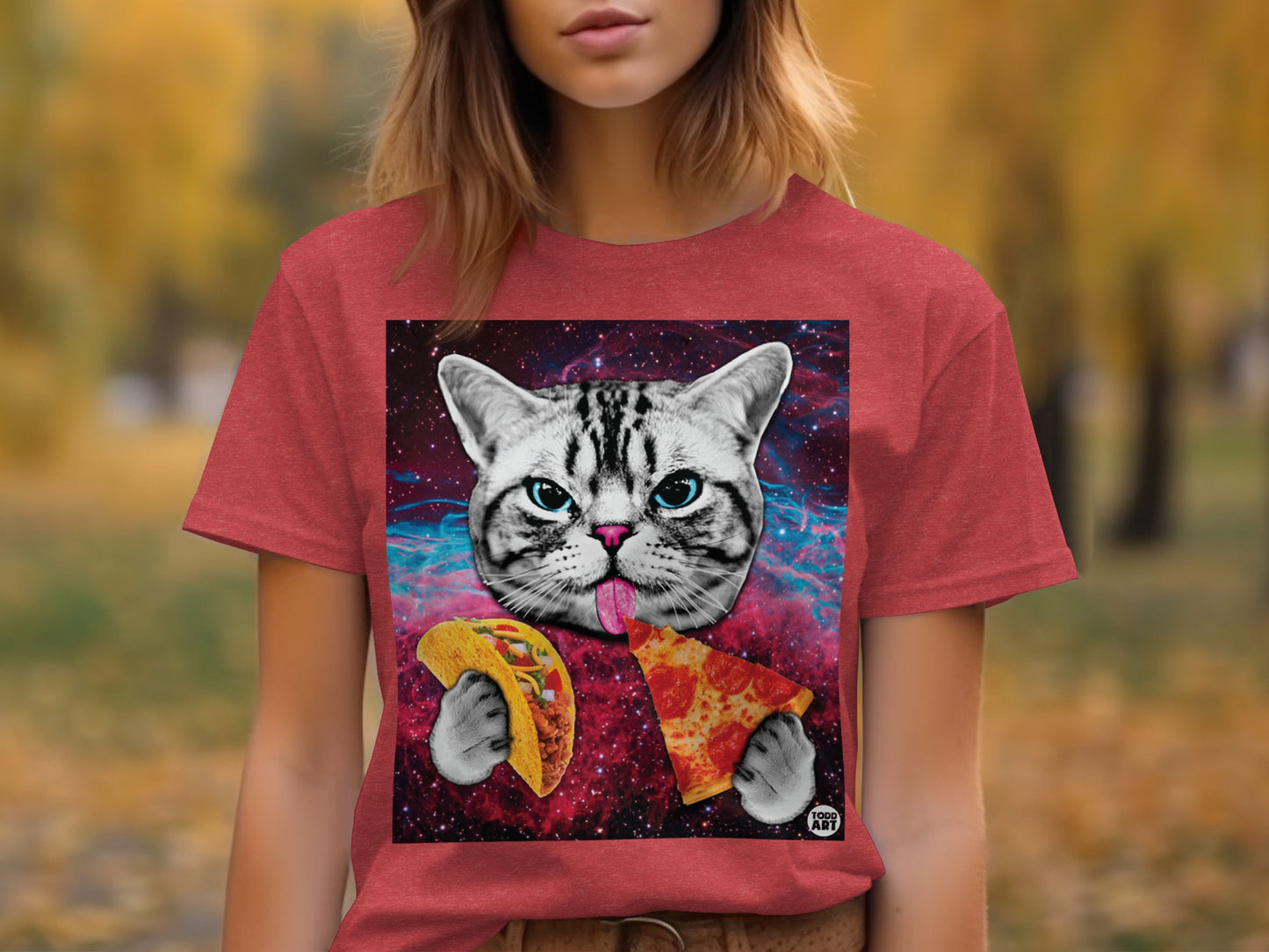 Cute Space Cat Eating Taco and Pizza T-shirt