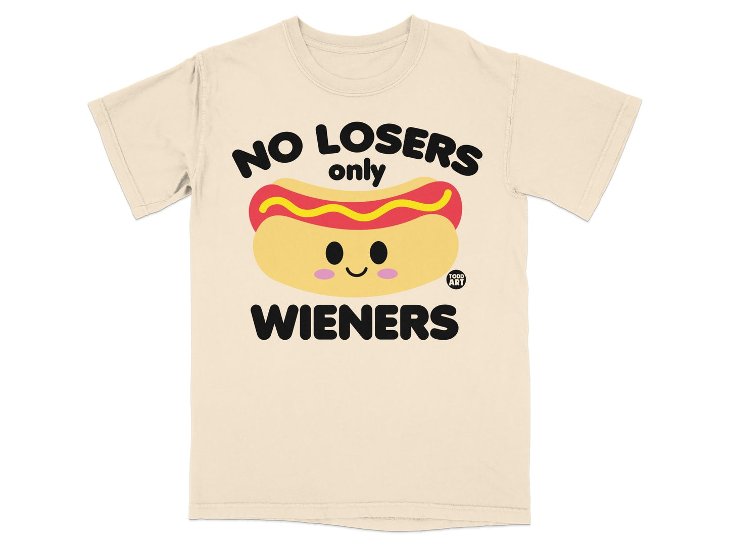 Cream t-shirt with cartoon hot dog and text "NO LOSERS only WIENERS."