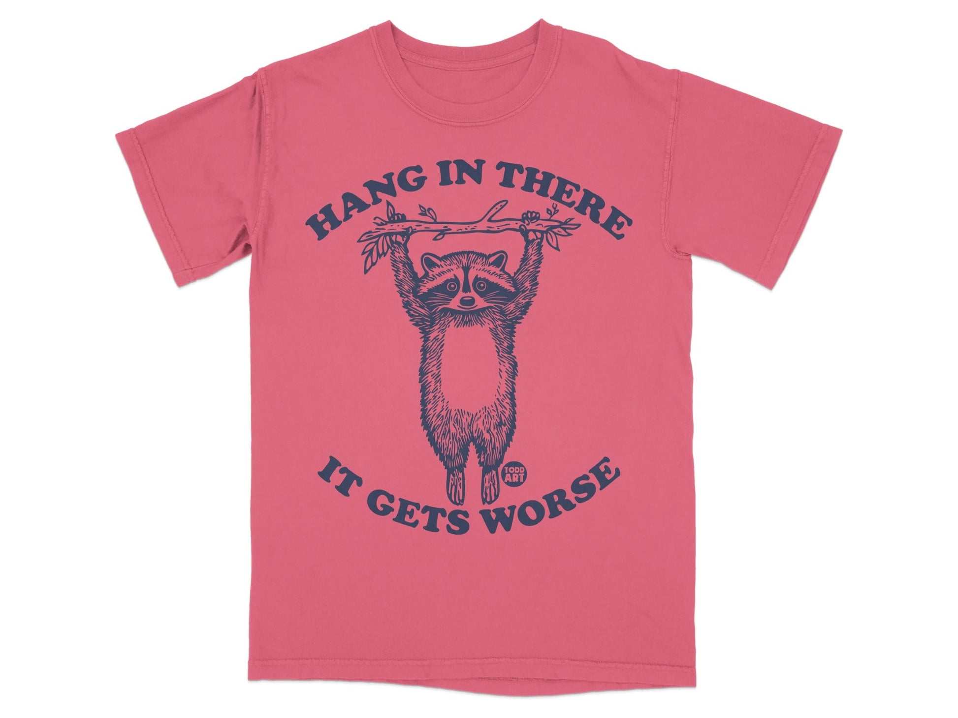 Raccoon hanging from branch with text "Hang in there it gets worse"