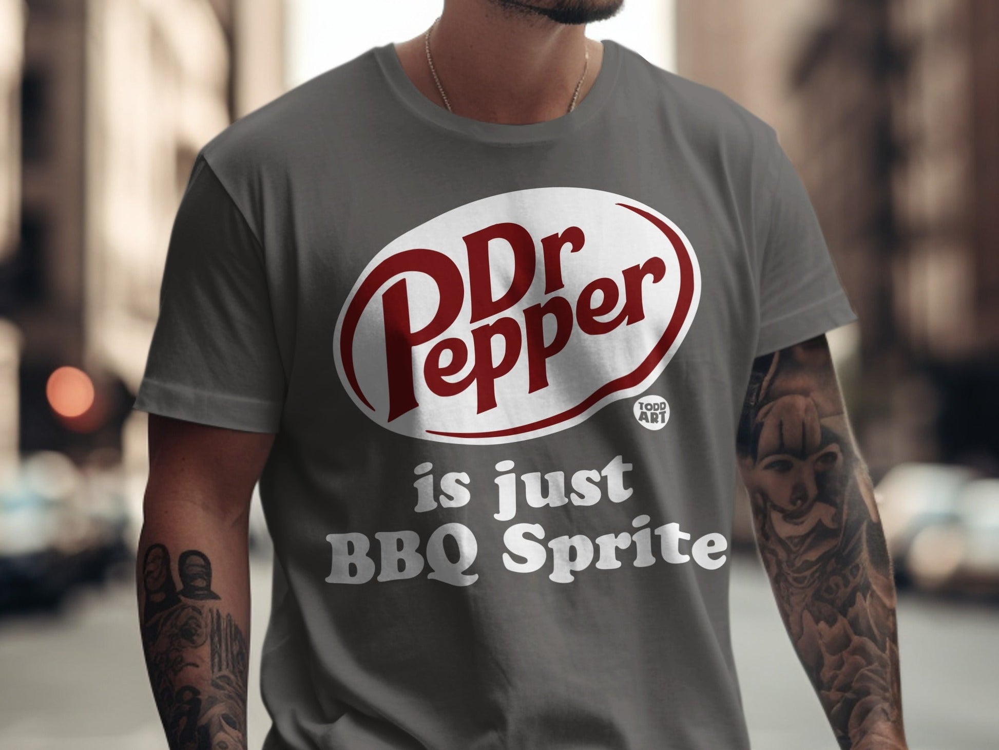 Dr Pepper "is just BBQ Sprite" graphic t-shirt with oval logo.