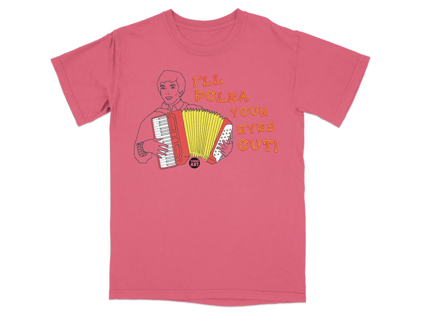 Pink t-shirt with a vintage-style illustration of a person playing an accordion.