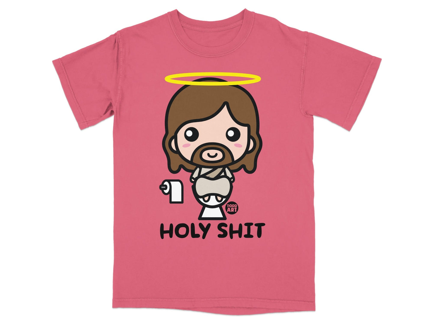Pink t-shirt with cartoon Jesus holding toilet paper, "HOLY SHIT" text.