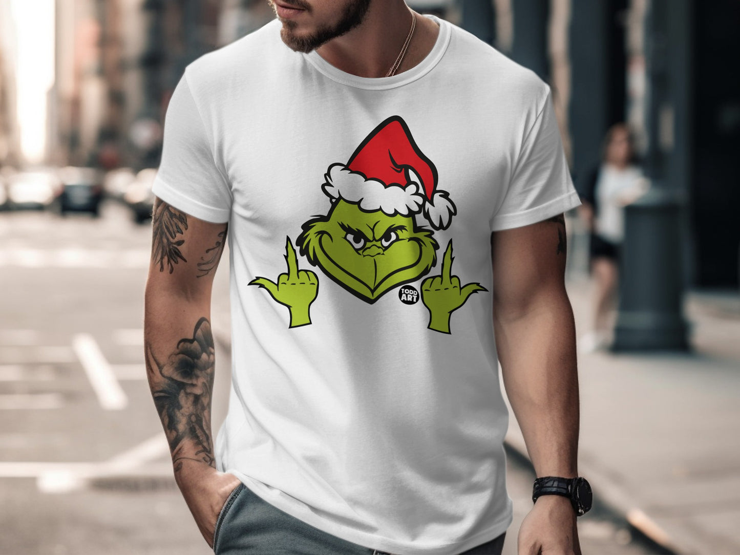 Grinch Santa Middle Finger Graphic Tee Shirt