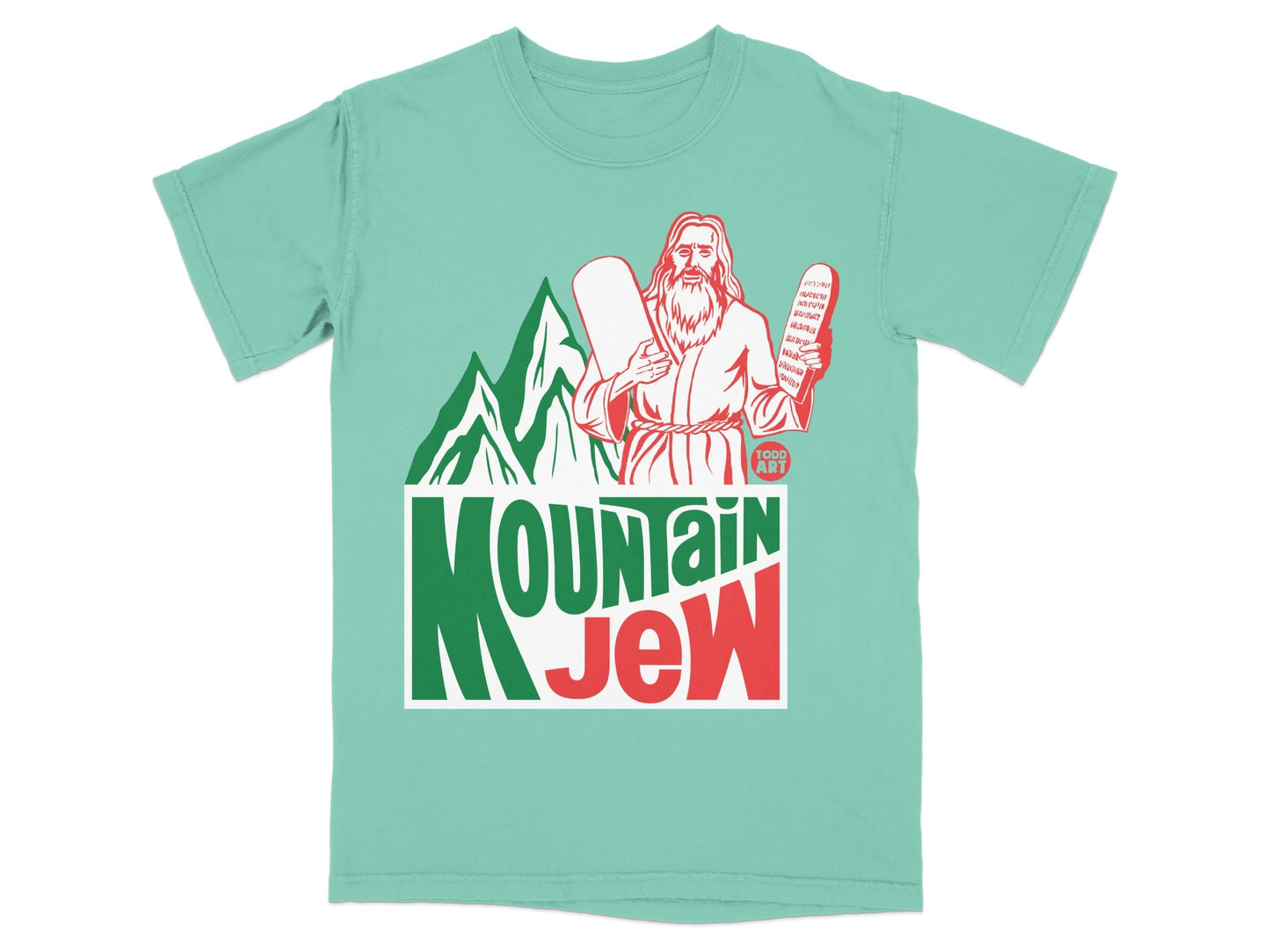 Mint green t-shirt with "Mountain Jew" design featuring Moses and the Ten Commandments.